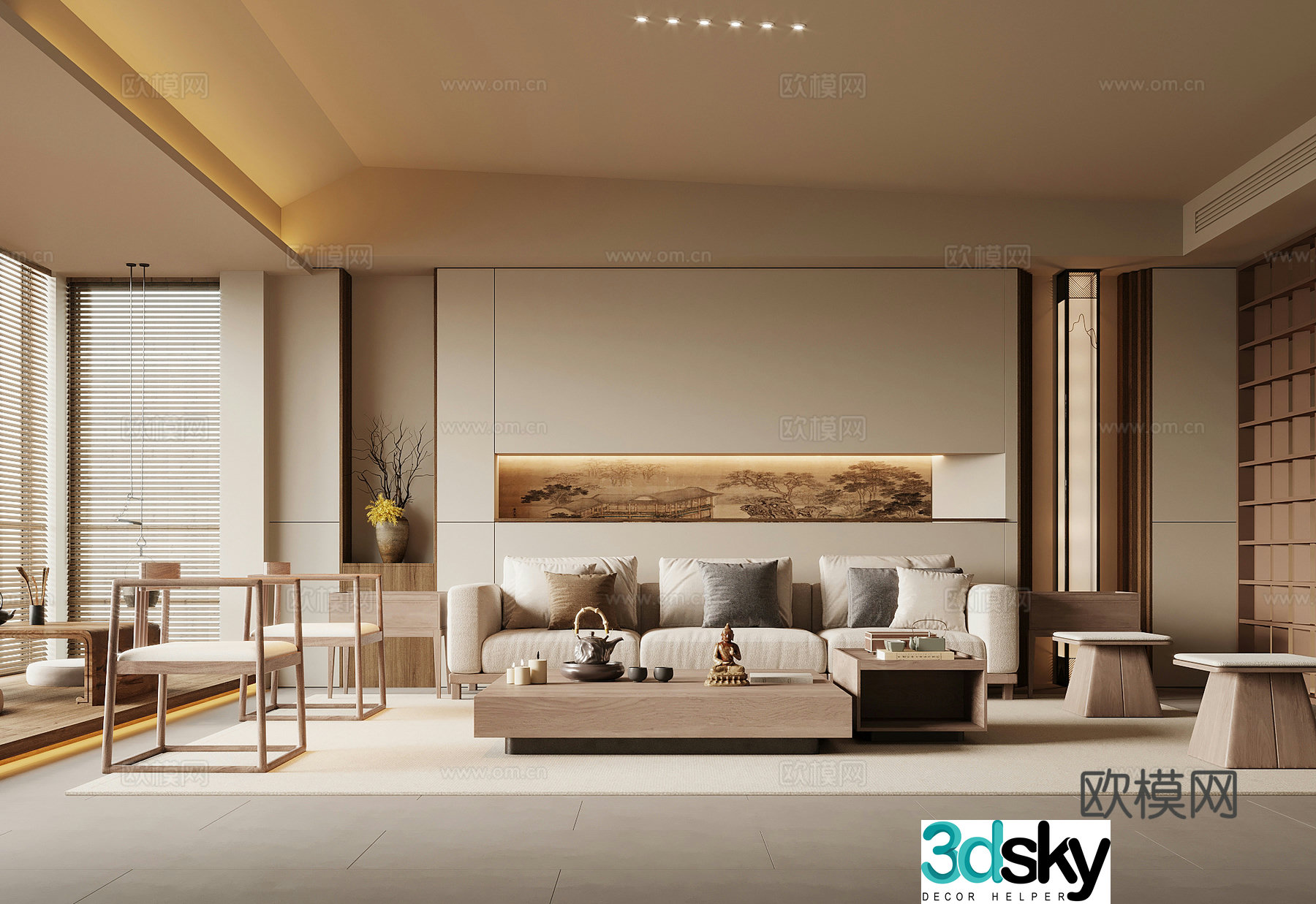Song style living room sofa background wall sofa coffee table combination 3D model