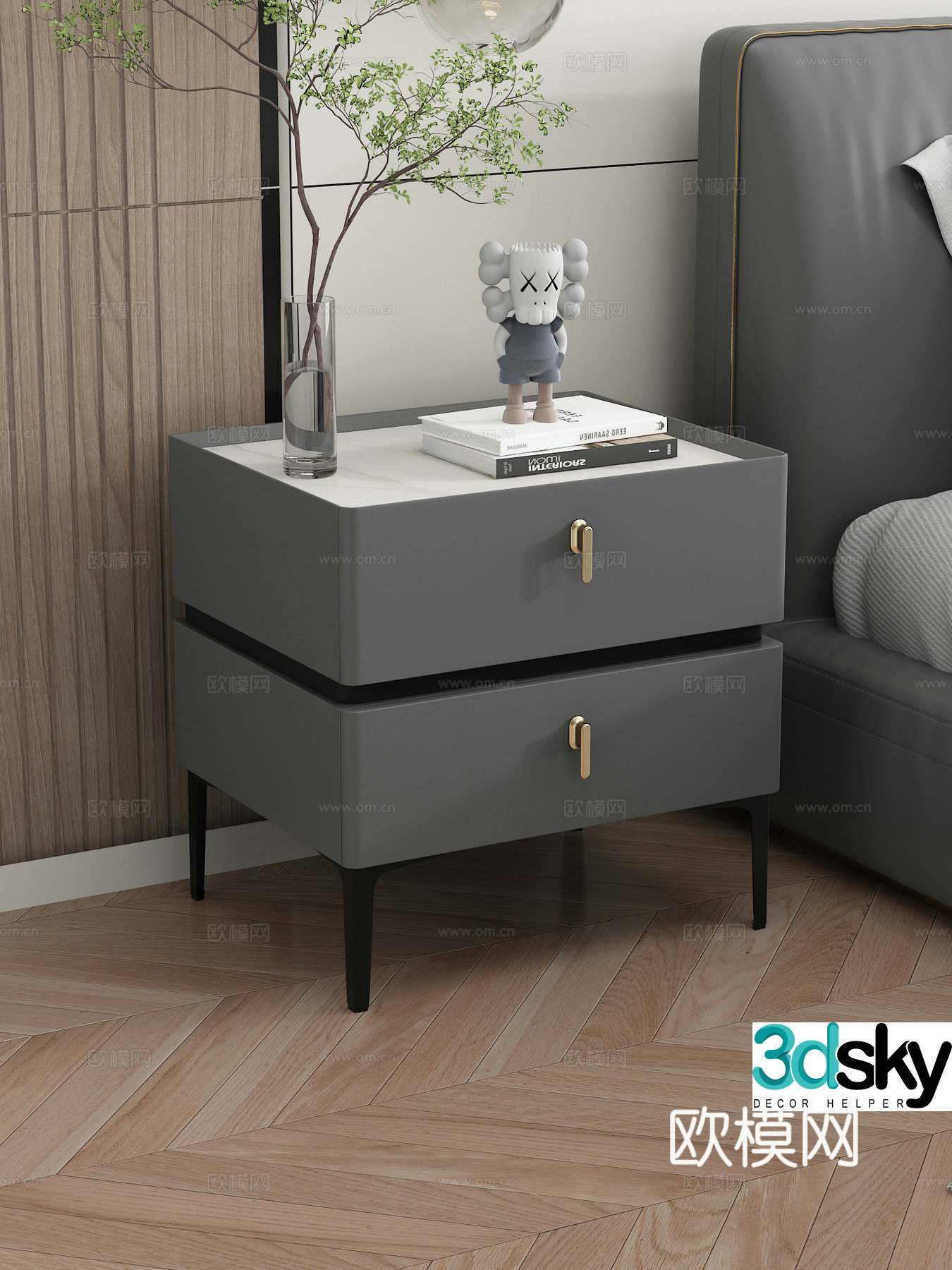 Minimalist bedside table light luxury simple storage cabinet high-end bedroom rock slab bedside cabinet vase 3D model