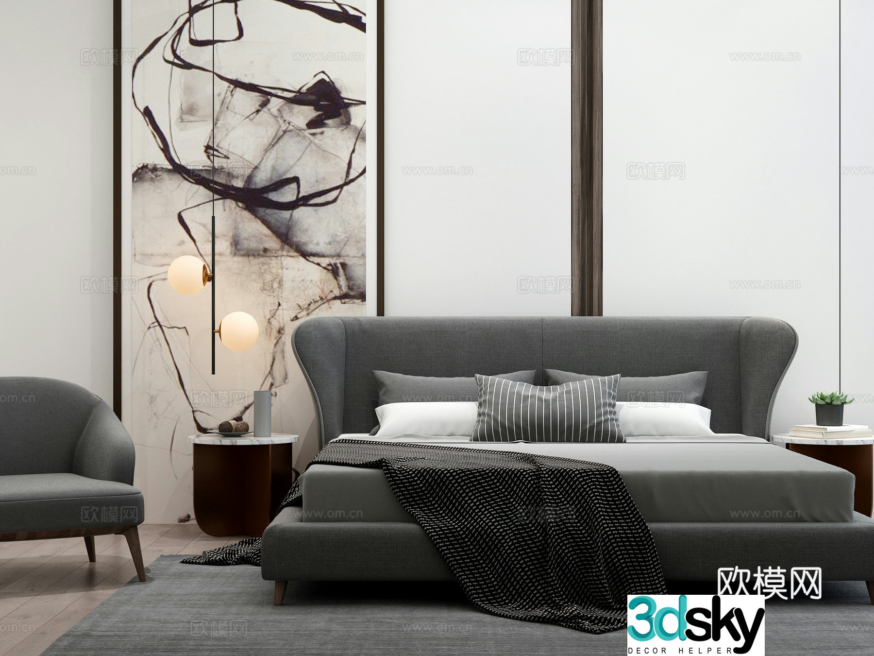 Modern double bed wall decoration bedside table chandeliers decorative painting decoration 3d model