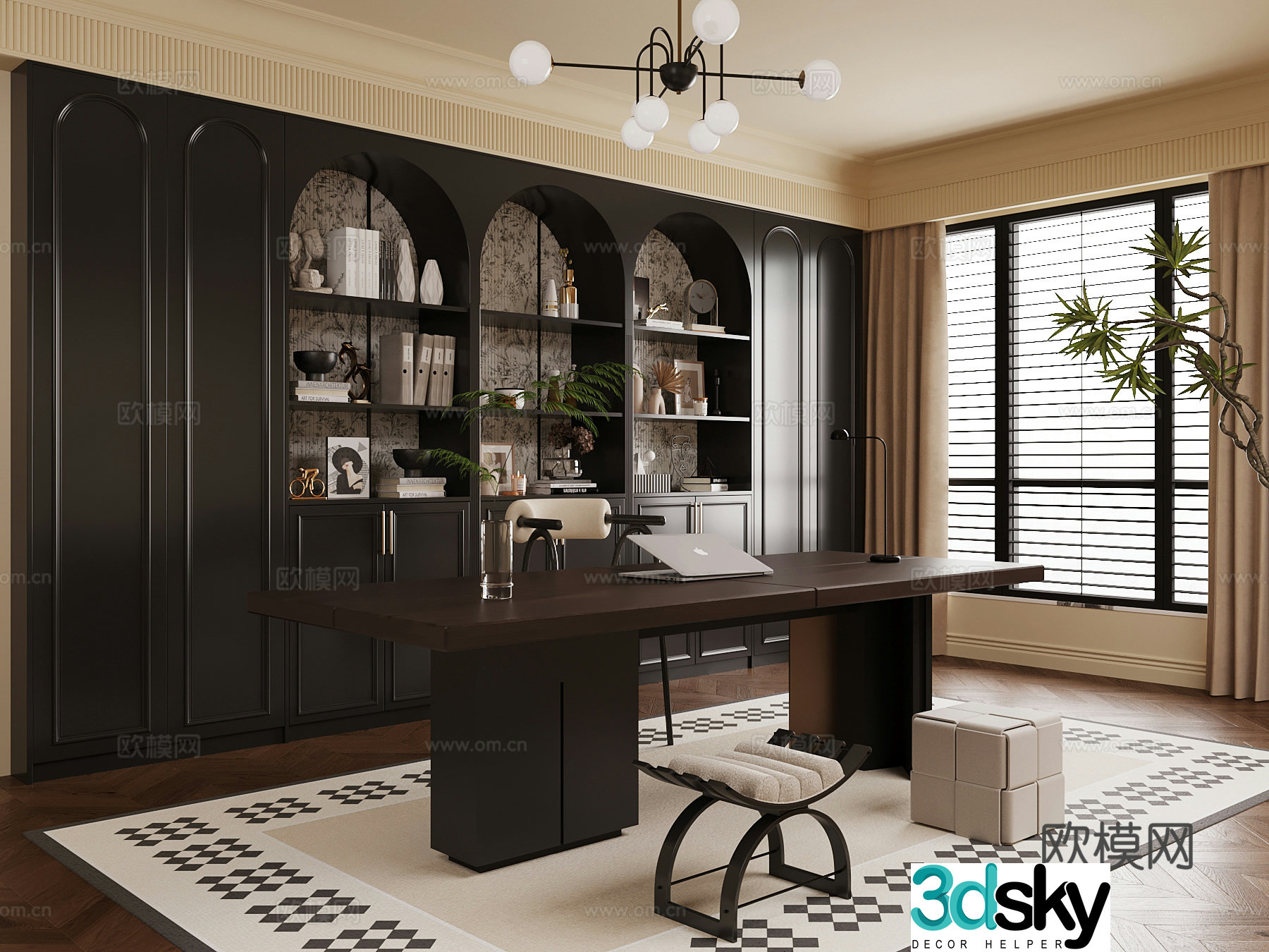 02 study French study desk chair bookcase 3d model