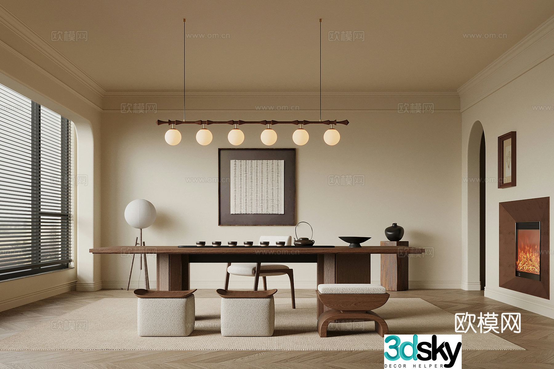 Middle-aged tea room tea table chair tea table tea set 3D model