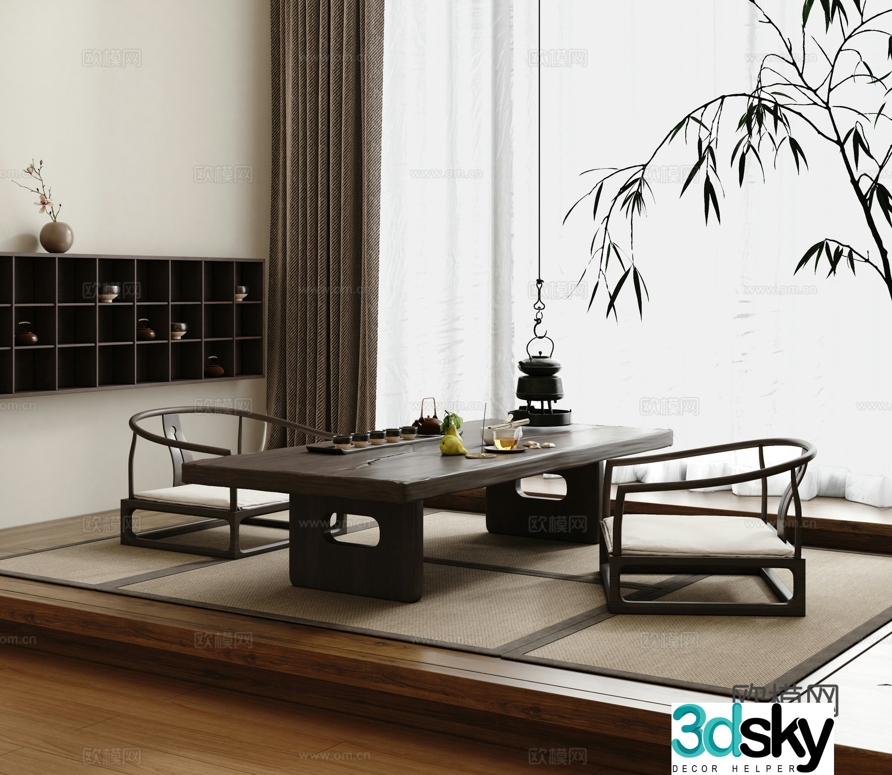 Wasabi Tatami Tea Room New Chinese Tatami Tea Room Solid Wood Tea Table and Chair 3D Model