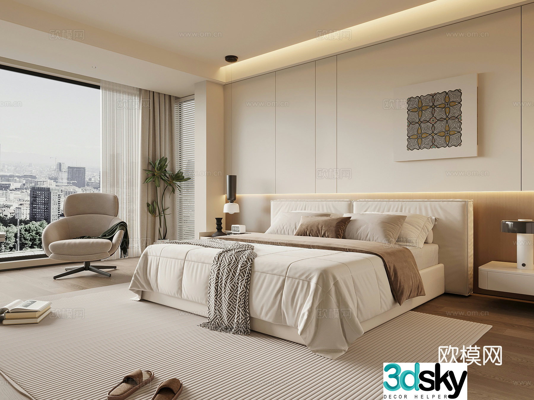 Modern minimalist bedroom master bedroom double bed wardrobe 3d model