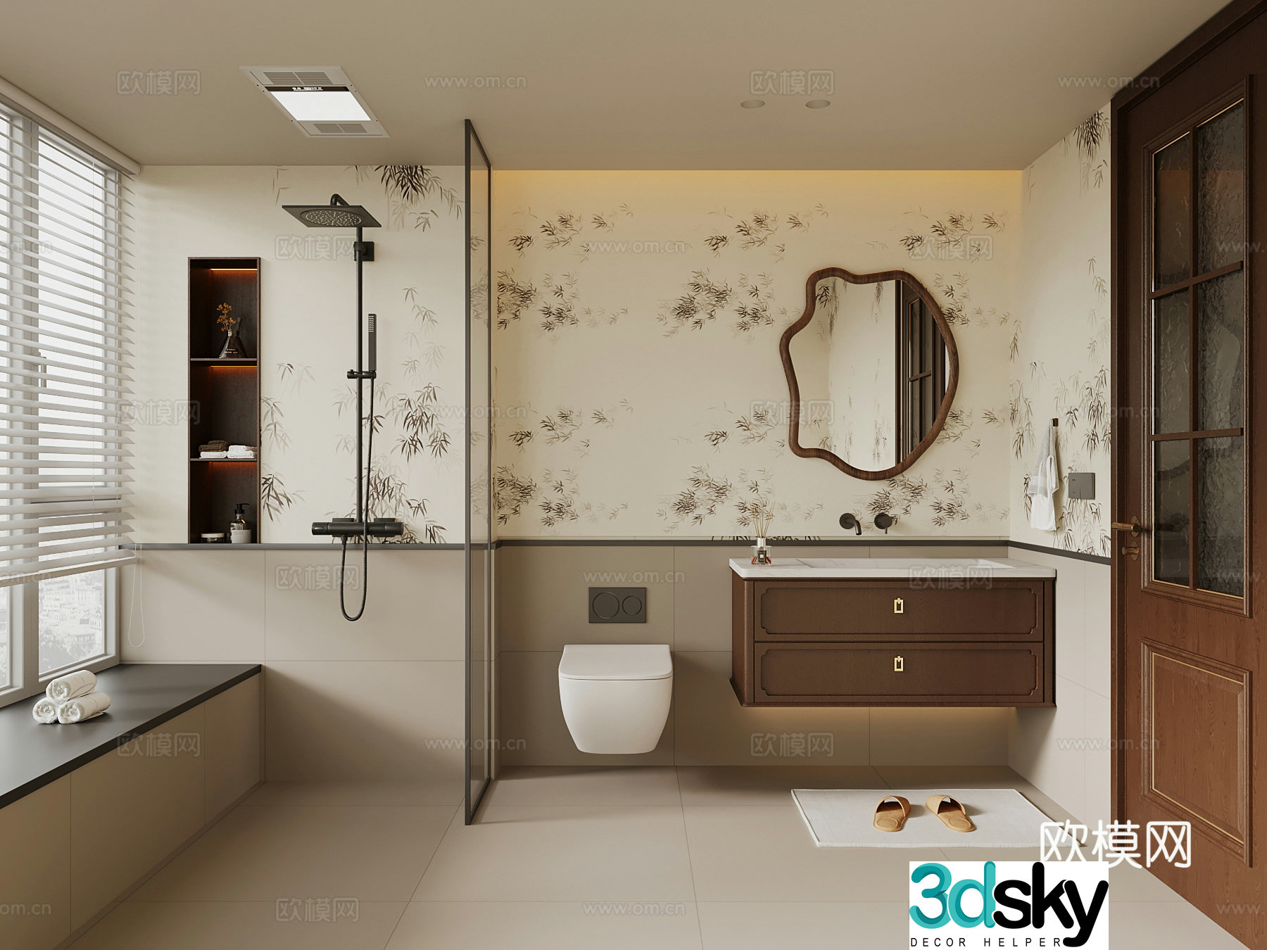 New Chinese style bathroom bathroom cabinet rain shower toilet 3d model