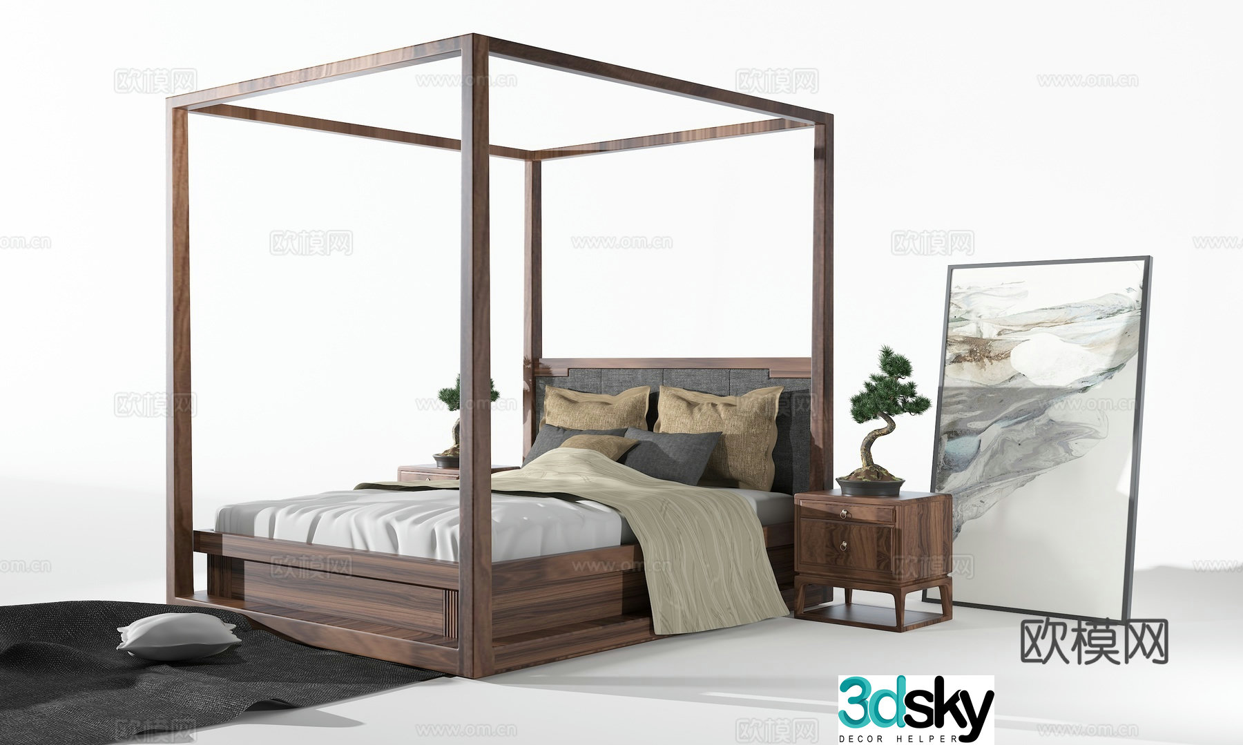 New Chinese style elevated bed bed New Chinese style bed Double bed Single bed Bed nightstand 3D model