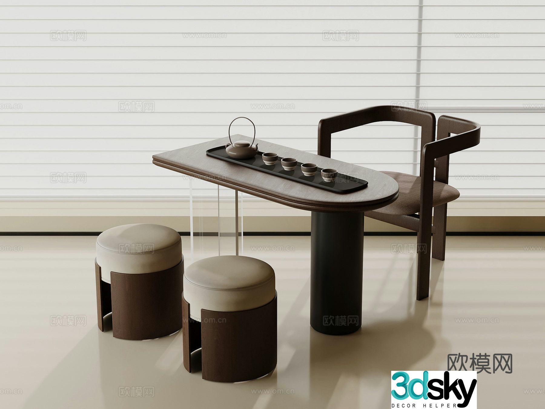 Middle-aged tea table and chair 3D model