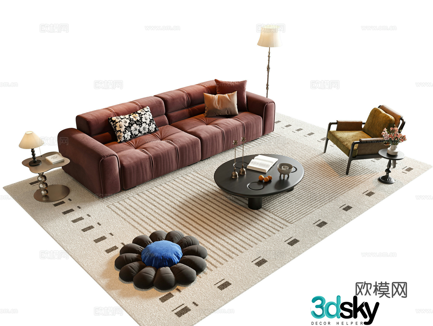 French and medieval sofa tea table combination multi-person sofa combination sofa straight sofa round coffee table 3D model