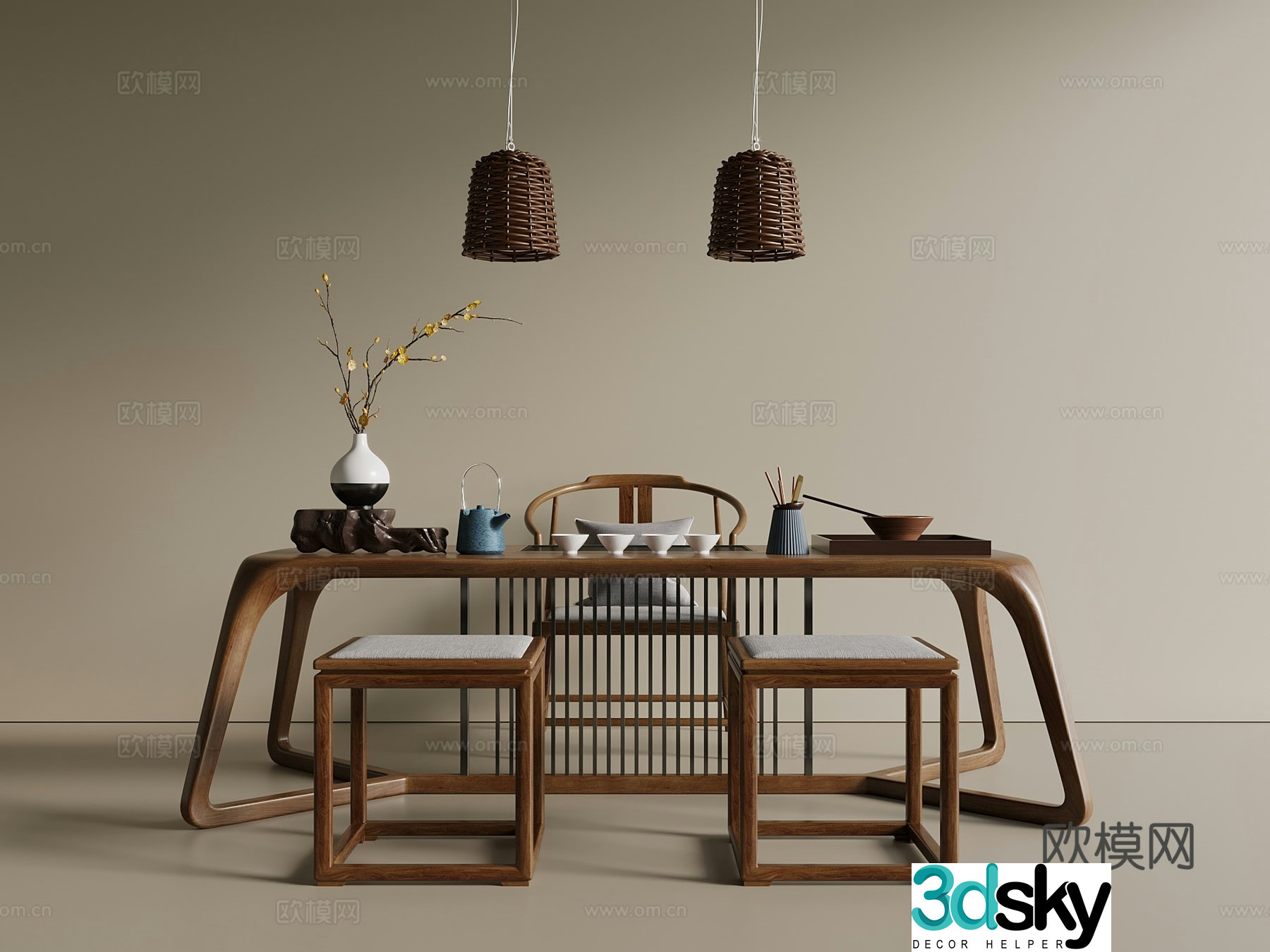 New Chinese style medieval tea table tea table big table long table 3D model