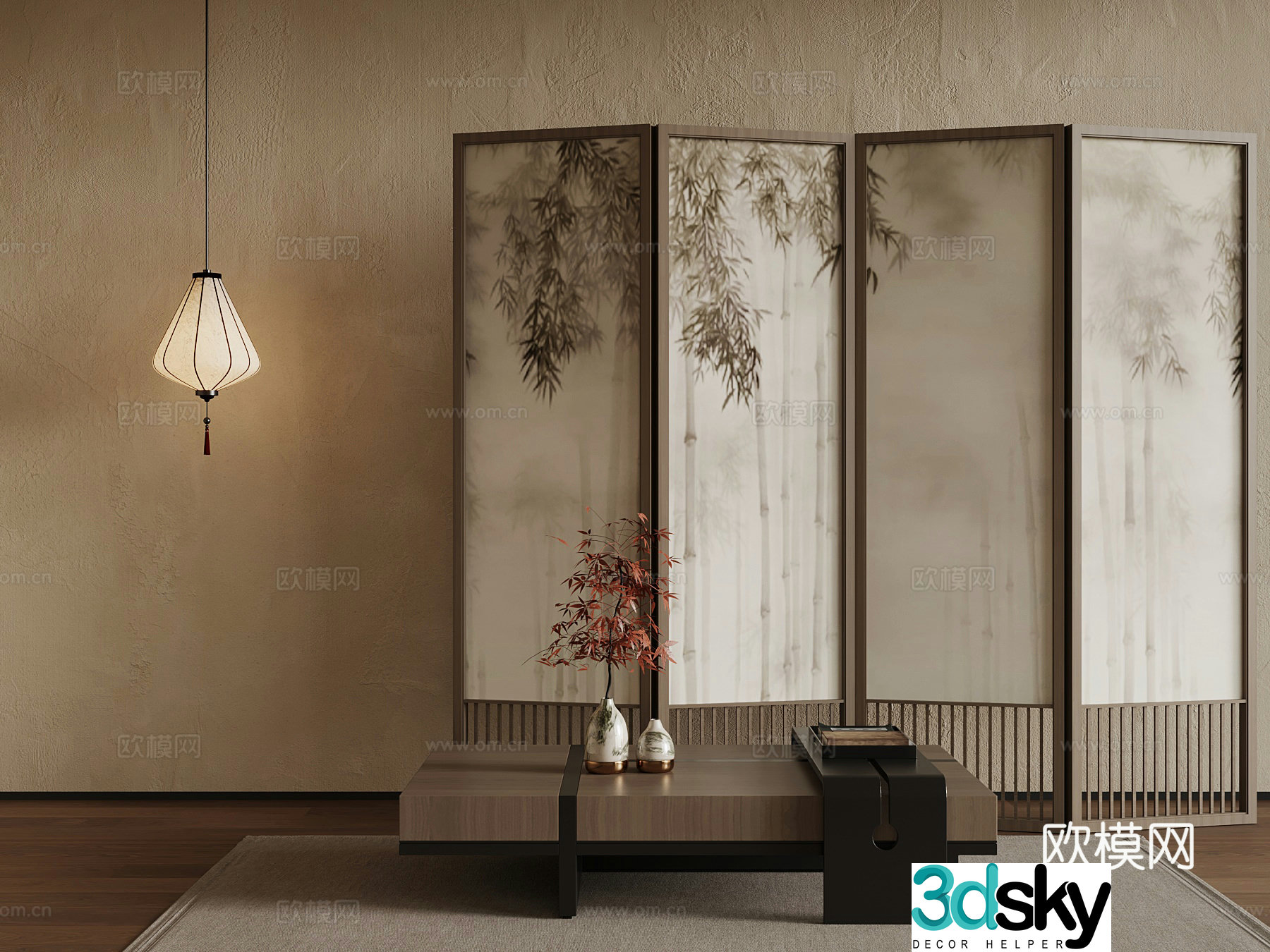 New Chinese-style screen coffee table chandelier 3d model