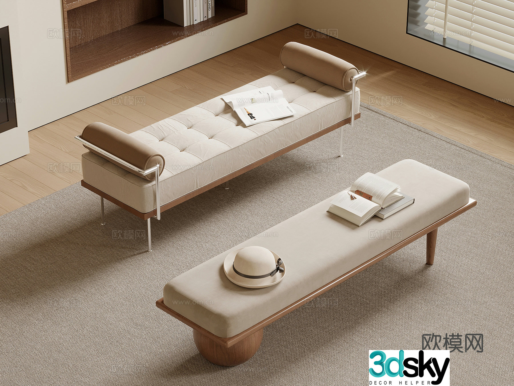 Bed tail stool medieval style bed stool sofa 3D model