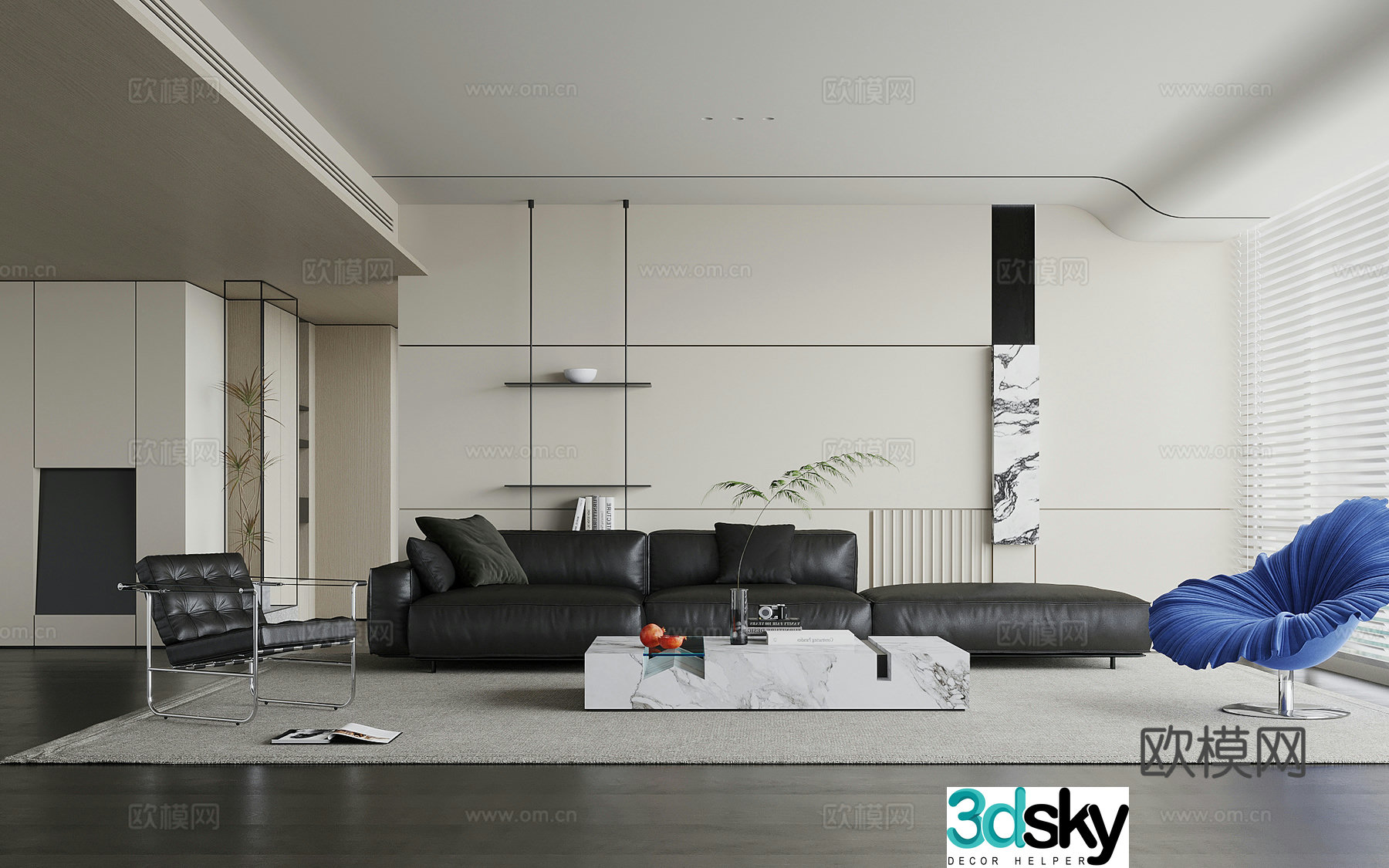 Modern minimalist living room sofa background wall sofa coffee table combination 3D model