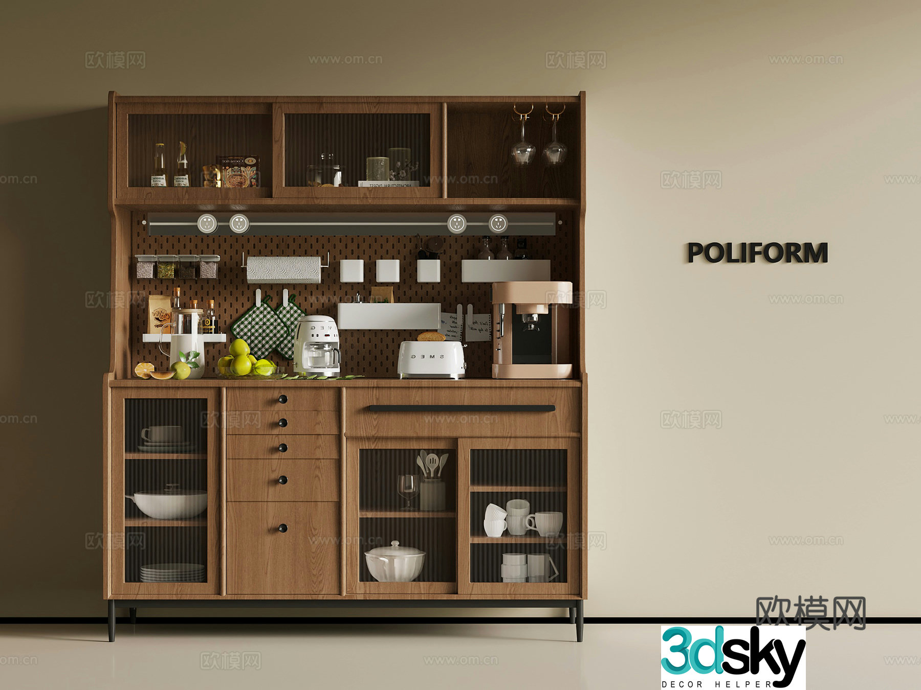 Middle-aged sideboard wine cabinet 3D model