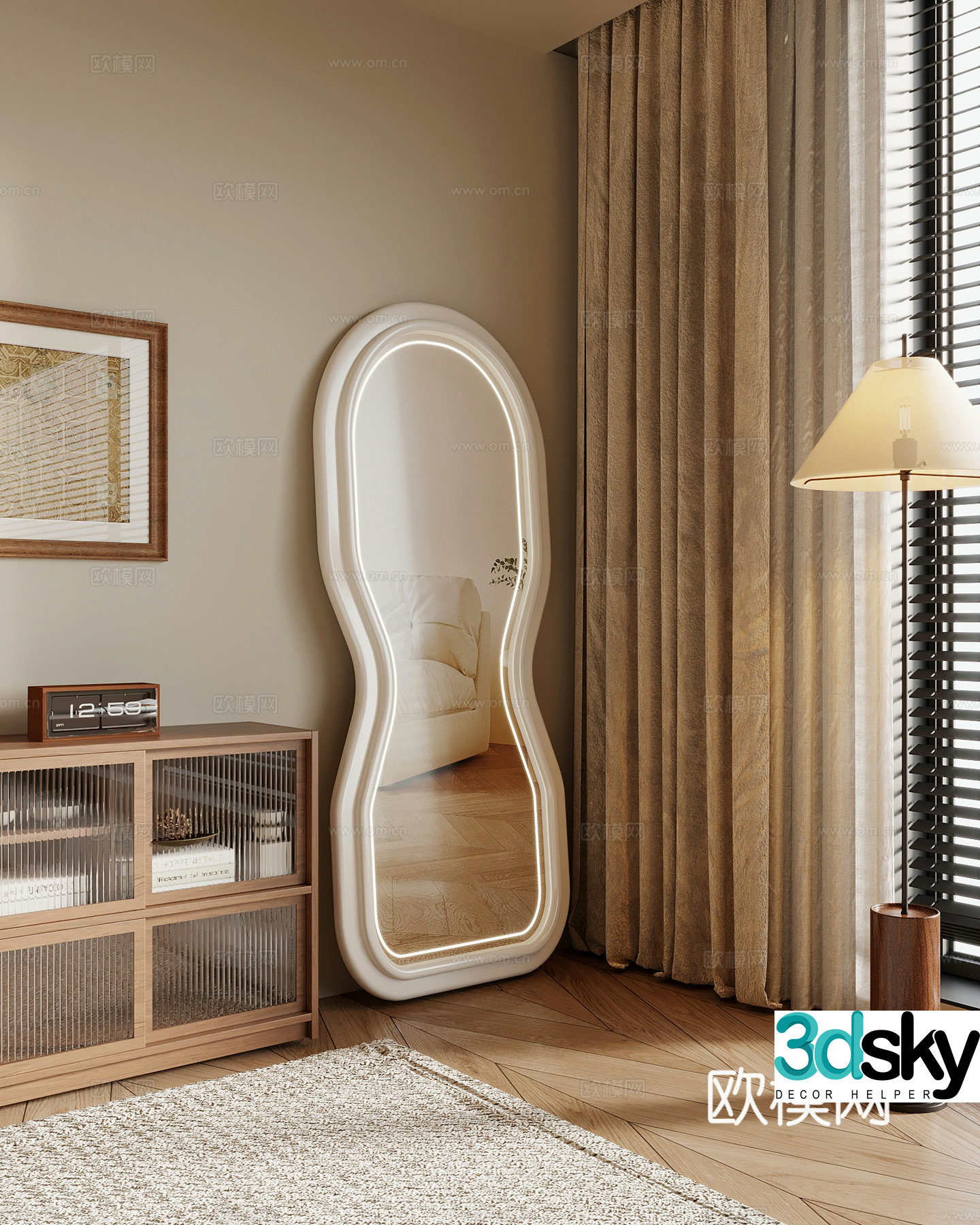 19 Clothes Mirror Medium Style Clothes Mirror Full-body Mirror Floor Lamp 3D Model
