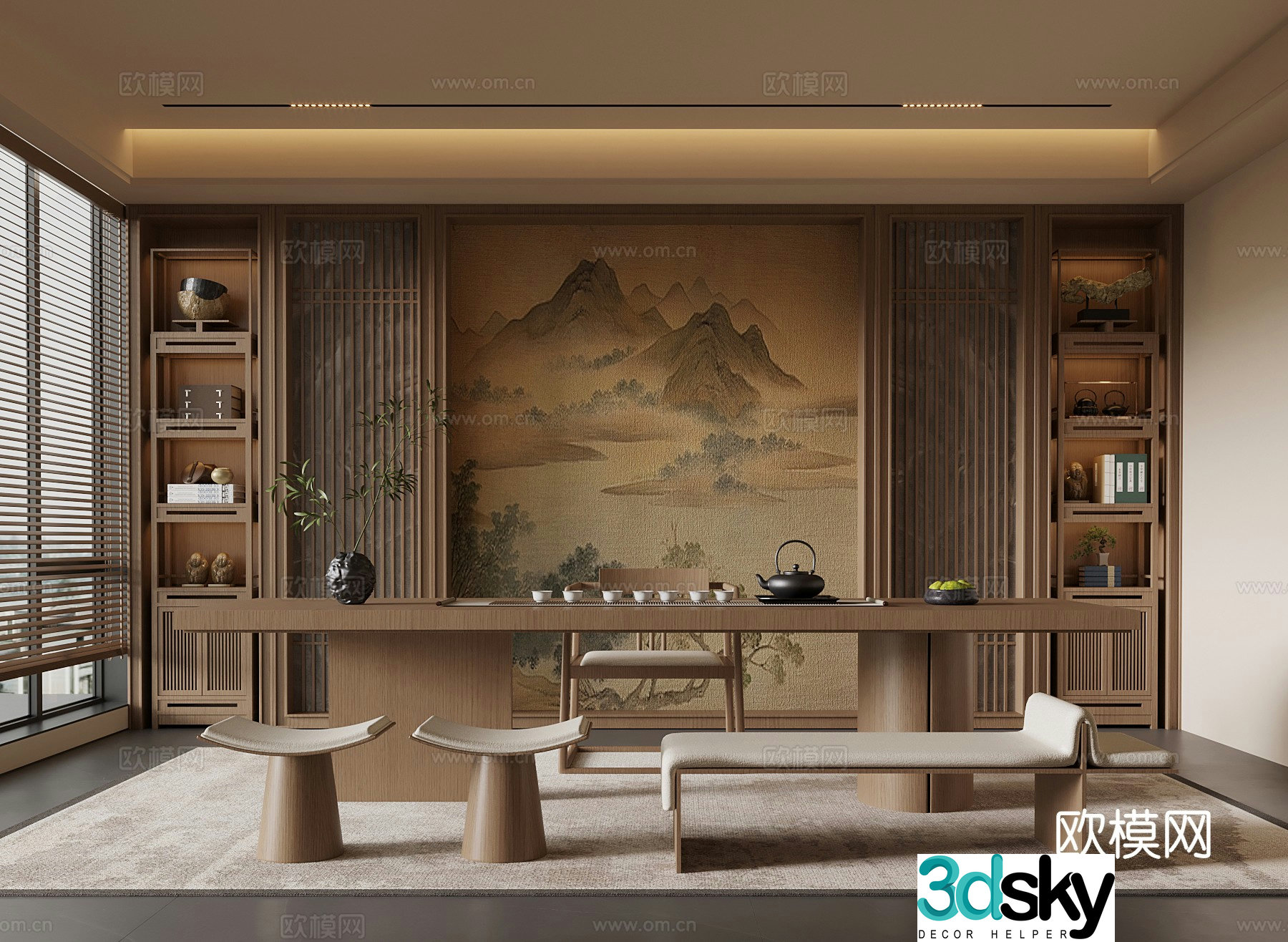 New Chinese-style tea room tea table and chair study room 3D model
