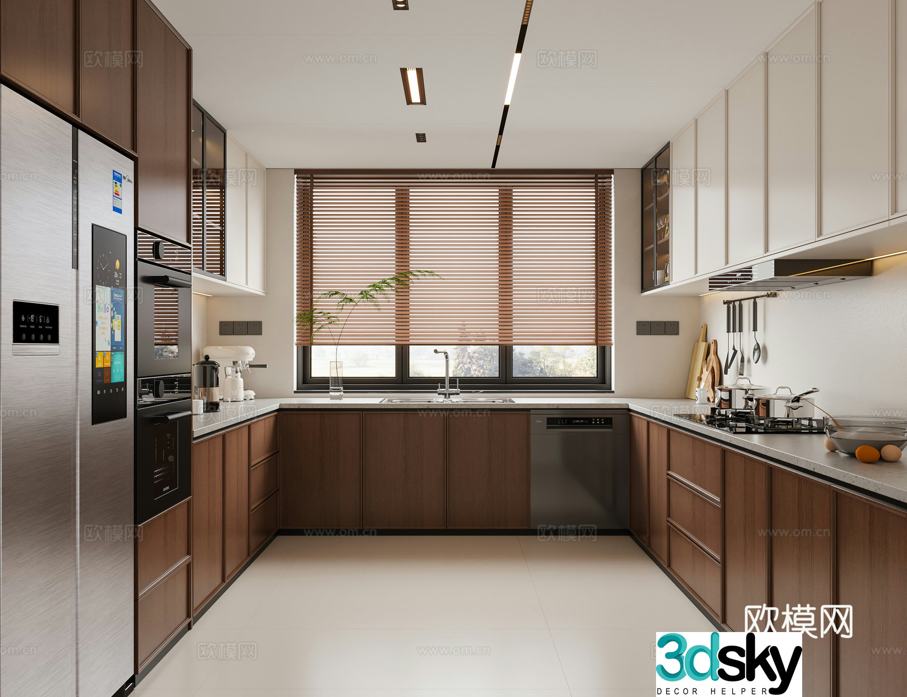 Modern medieval style kitchen cabinet combination hanging cabinet sink oven refrigerator stove fume 3d model