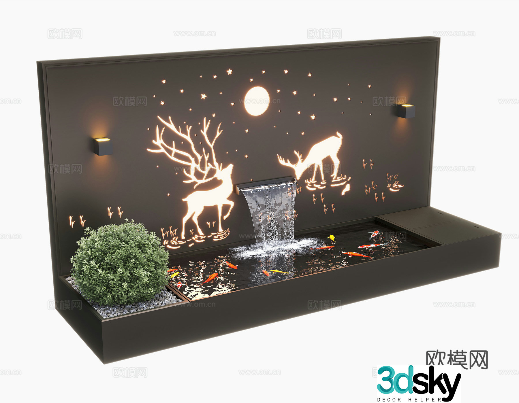 Modern courtyard water view wall landscape wall sleep flowing water fish pond 3d model