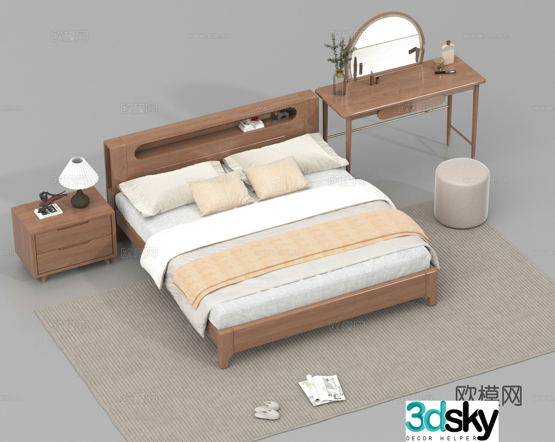 Double bed bedding nightstand dressing table 3d model