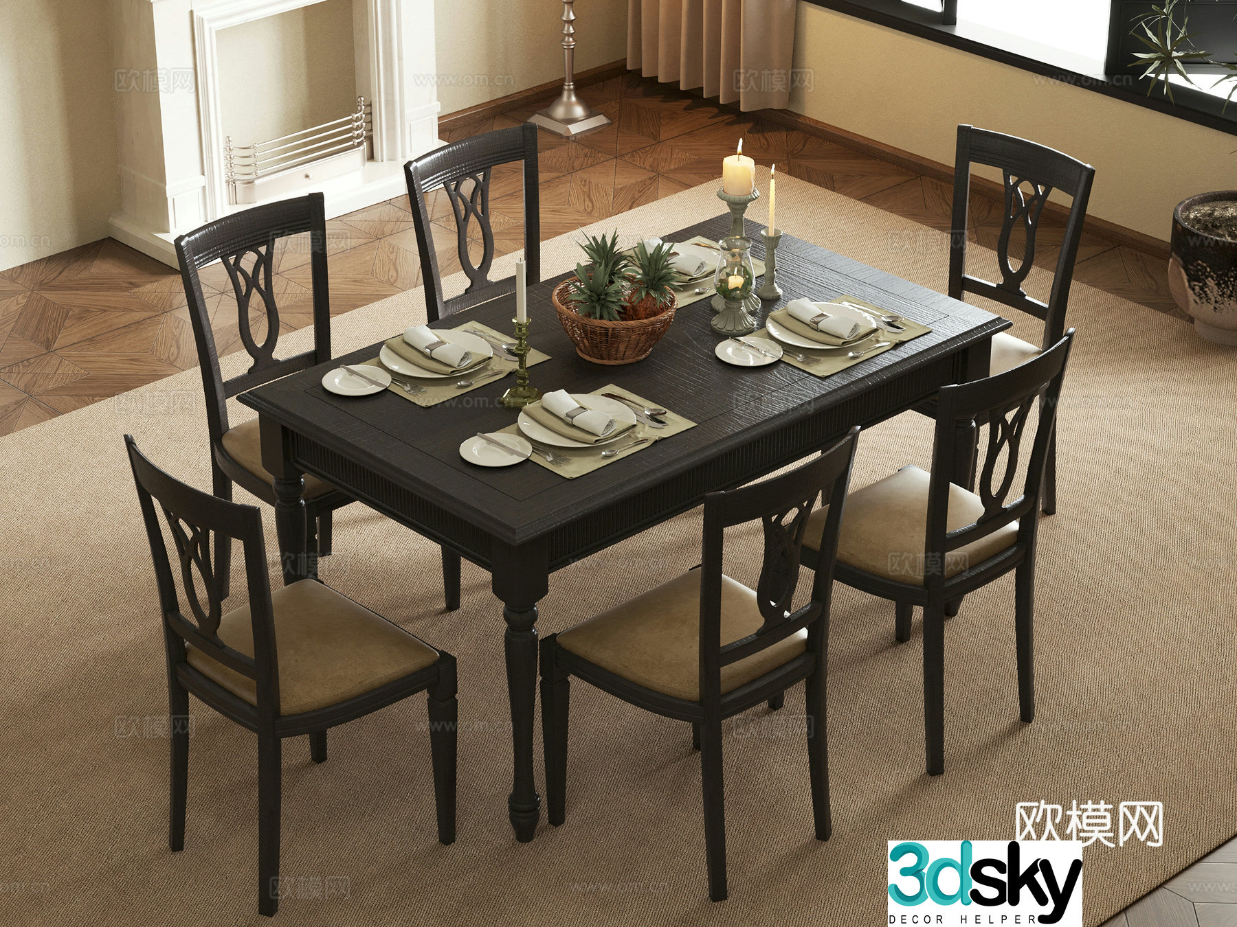 American restaurant dining table and chair 3d model