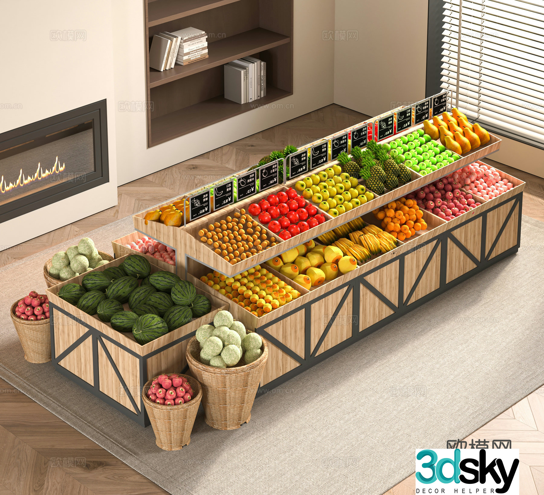 Modern supermarket fruit shelves 3d model