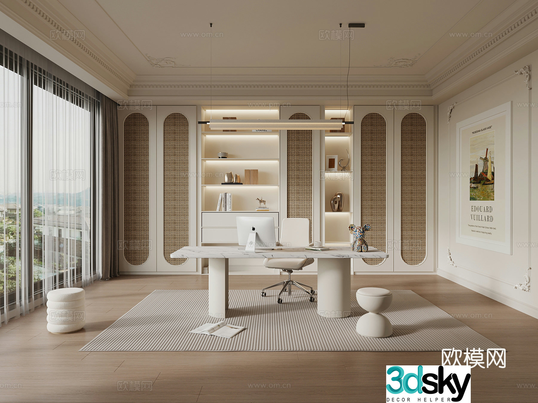 French Creamy Study Room Desk and Chair Bookcase 3D Model
