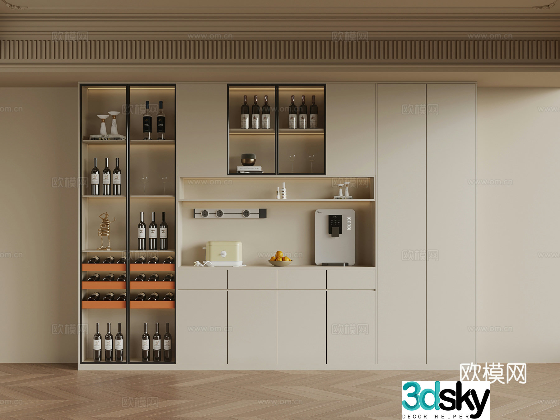 01 Creamy Style Sideboard Wine Cabinet 3D Model