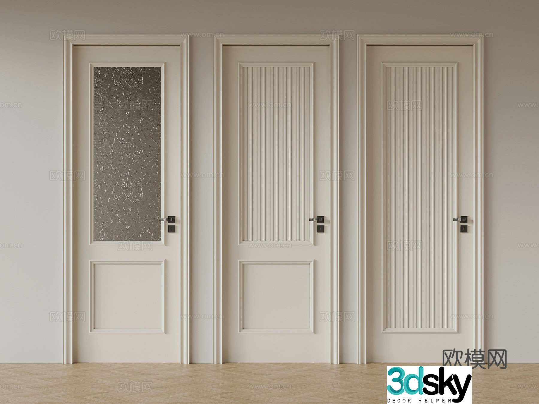 French cream-style interior door single-open door glass door solid wood door 3D model