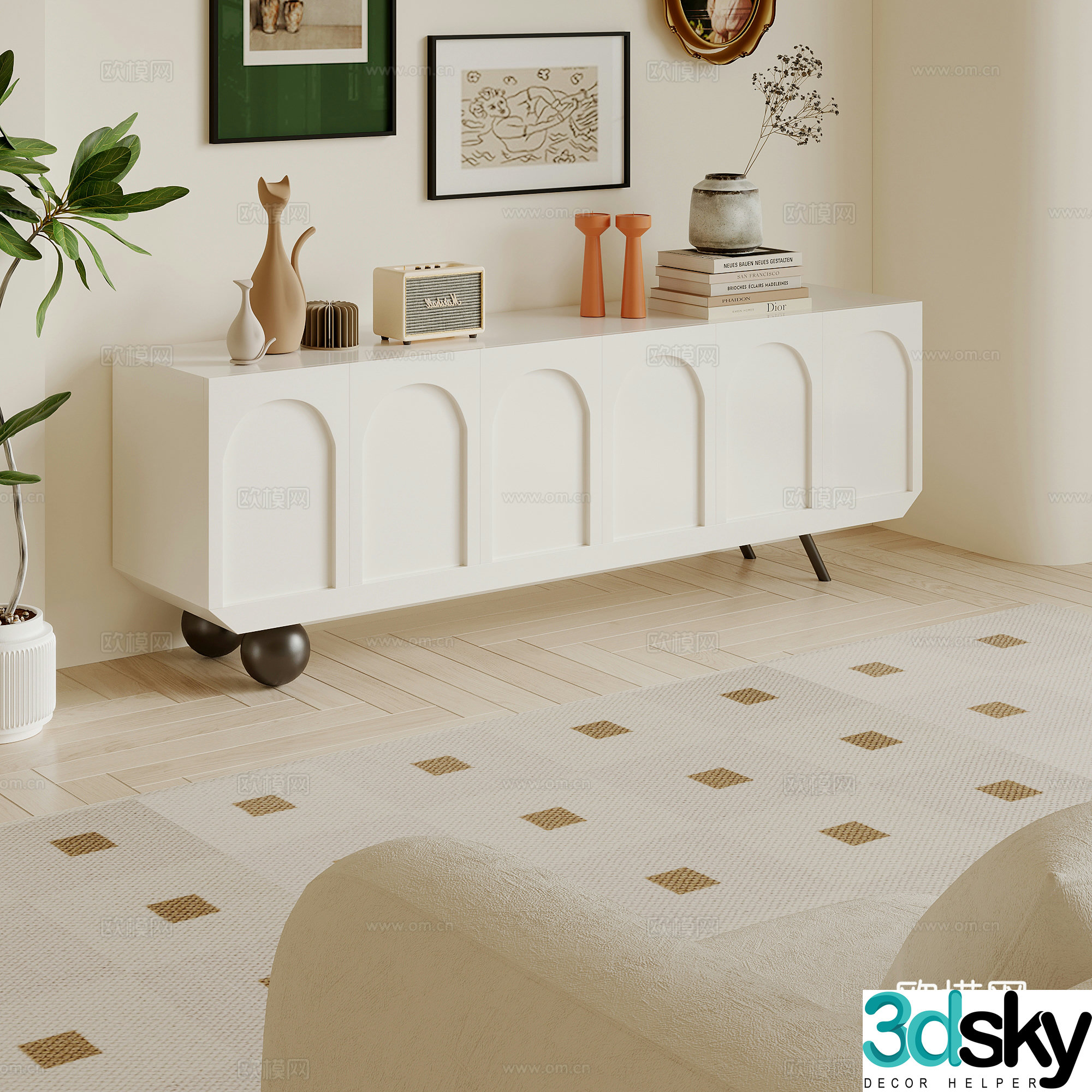 Modern creamy TV cabinet jewelry ornaments 3d model
