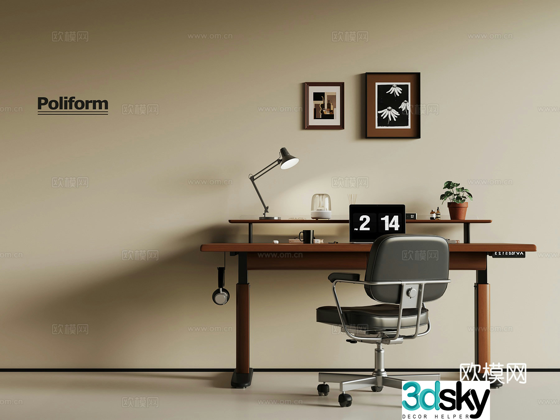 Modern medieval style desk desk chair mural 3d model