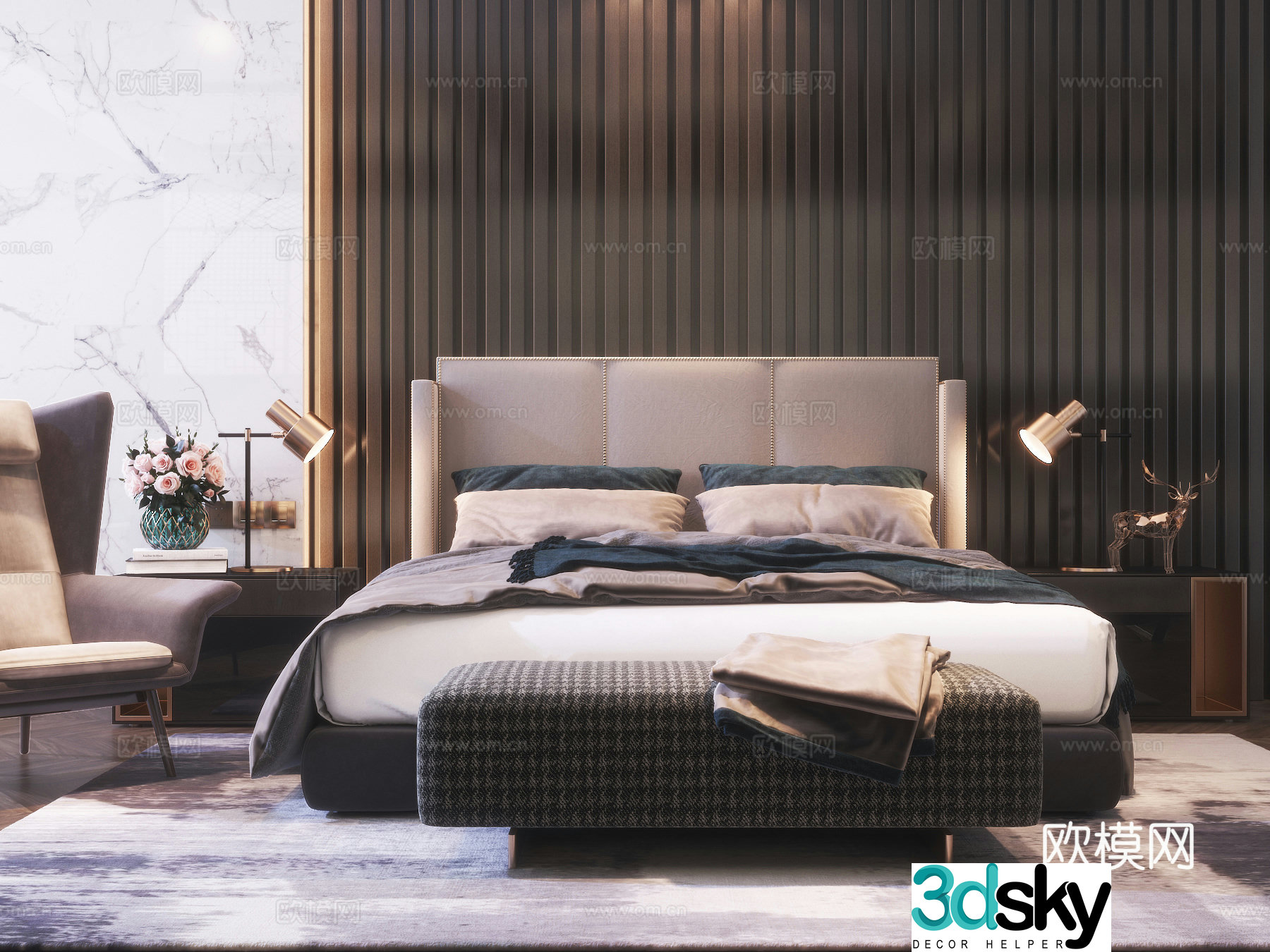 Modern bedroom Double bed nightstand vase 3d model