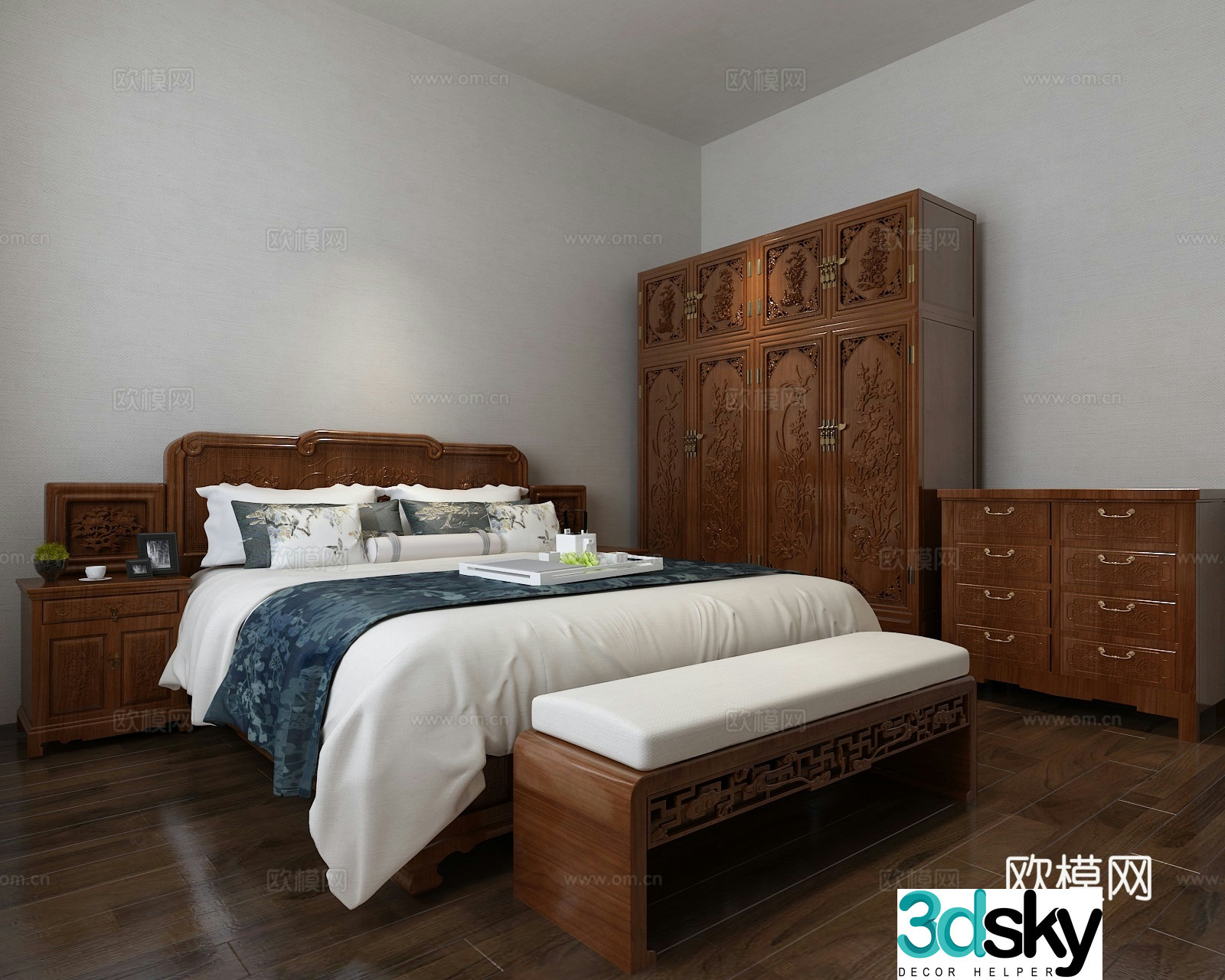 Chinese solid wood mahogany carved bed wardrobe chest of drawers bedside table tail stool bedding 3D model