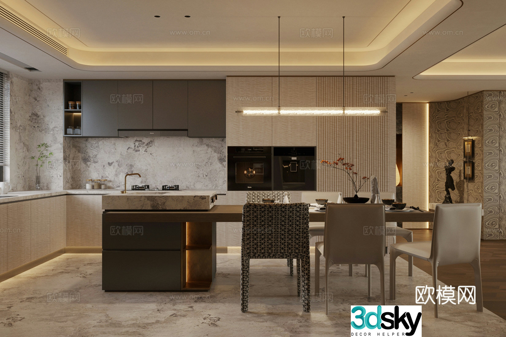 Light luxury Italian island restaurant Open restaurant Kitchen restaurant Integrated kitchen and kitchen marble island 3D model