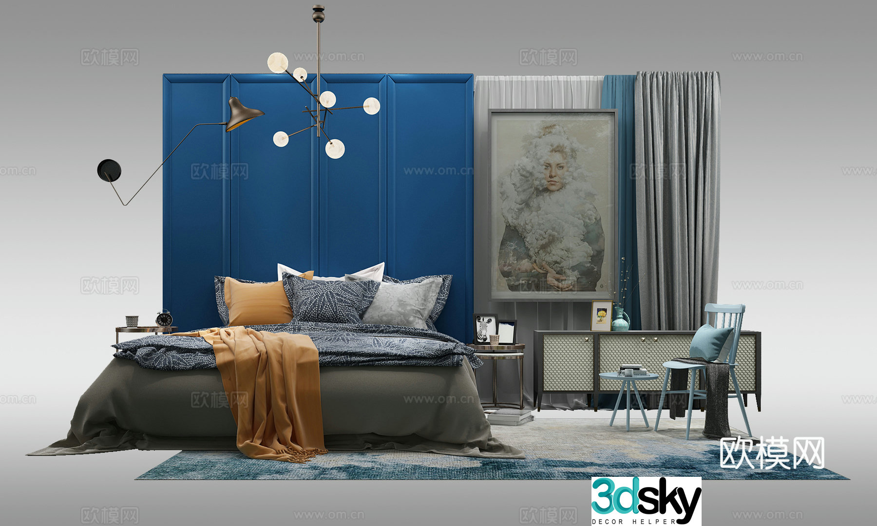 Nordic bedroom bedding combination 3D model