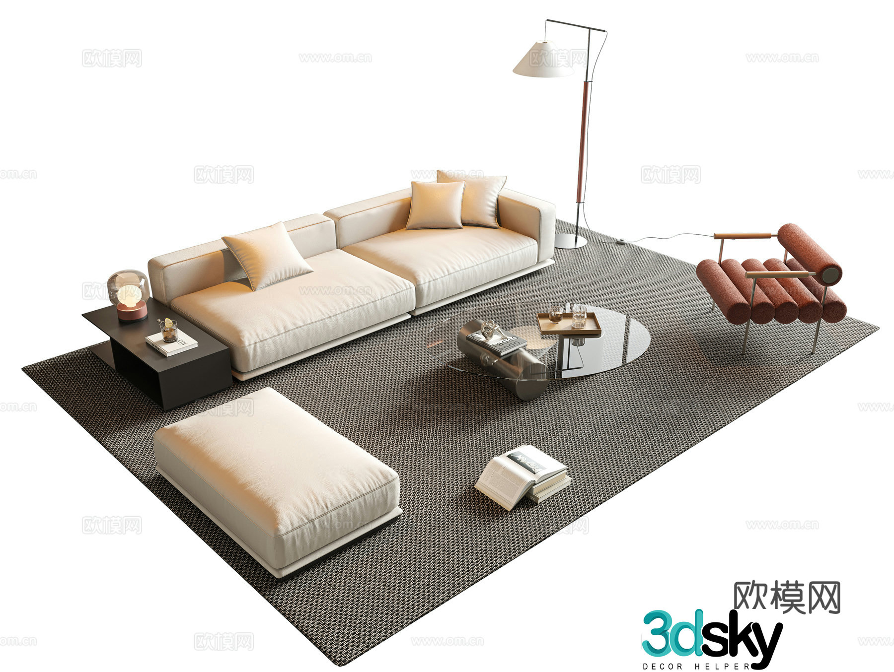 Modern minimalist sofa coffee table combination multi-person sofa combination sofa leather sofa minimalist glass 3D model