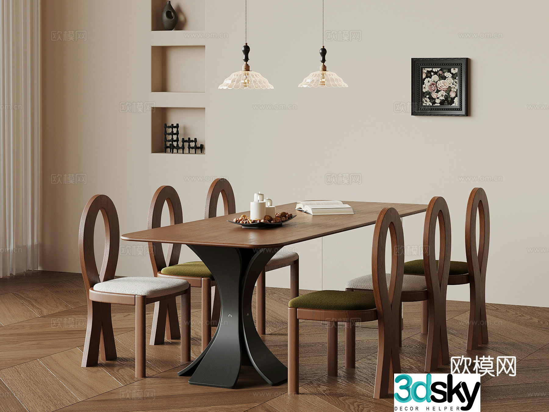 French medieval dining table dining table and chair small chandelier 3d model