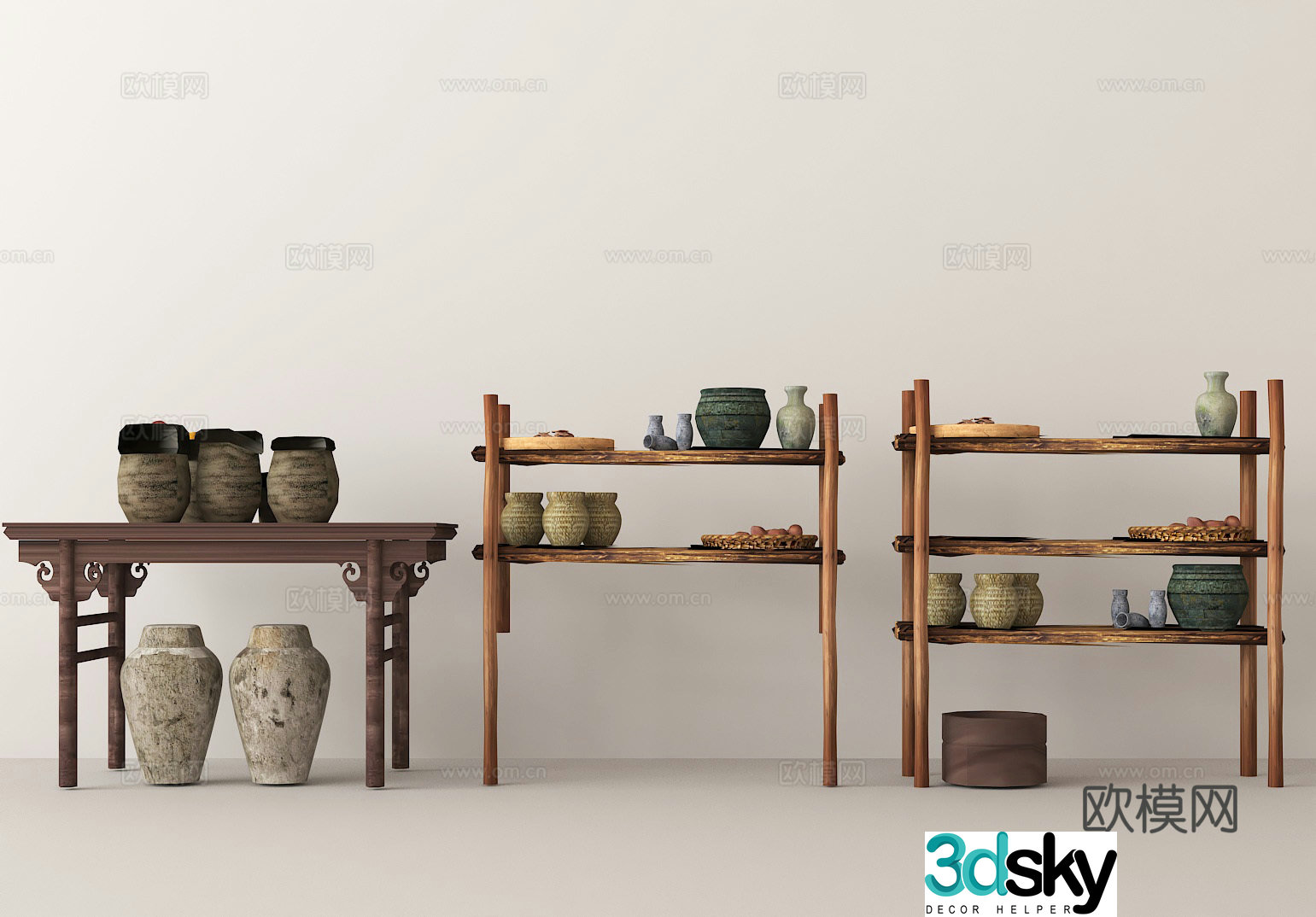 Chinese style antique shelf Traditional pottery Chinese style display Retro pottery jar Tea room decoration Folk ornaments 3D model