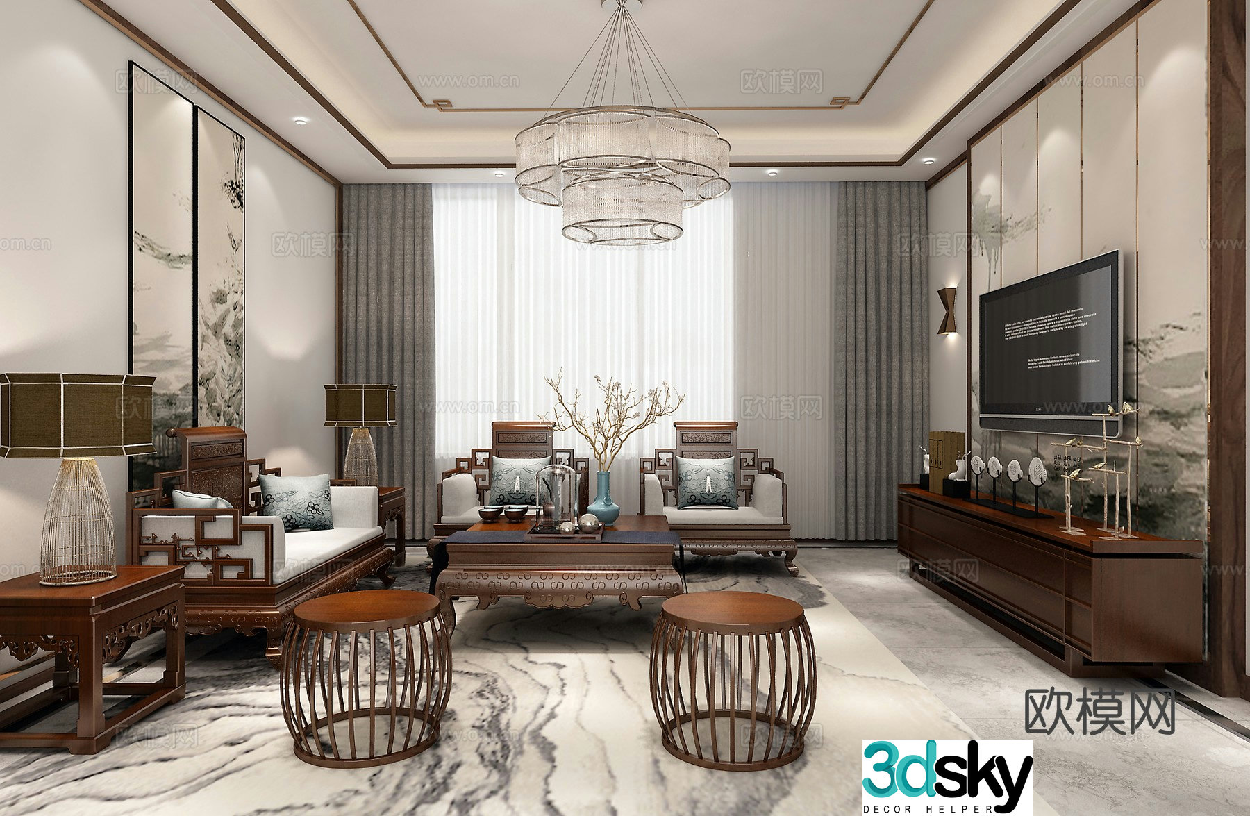 Traditional Chinese living and dining room sofa coffee table painting TV cabinet chandeliers dining table chairs 3D model