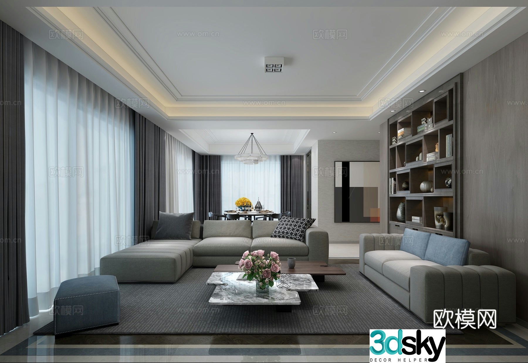Modern living and dining room sofa coffee table chandeliers TV cabinet hanging painting side cabinet dining table chair 3d model