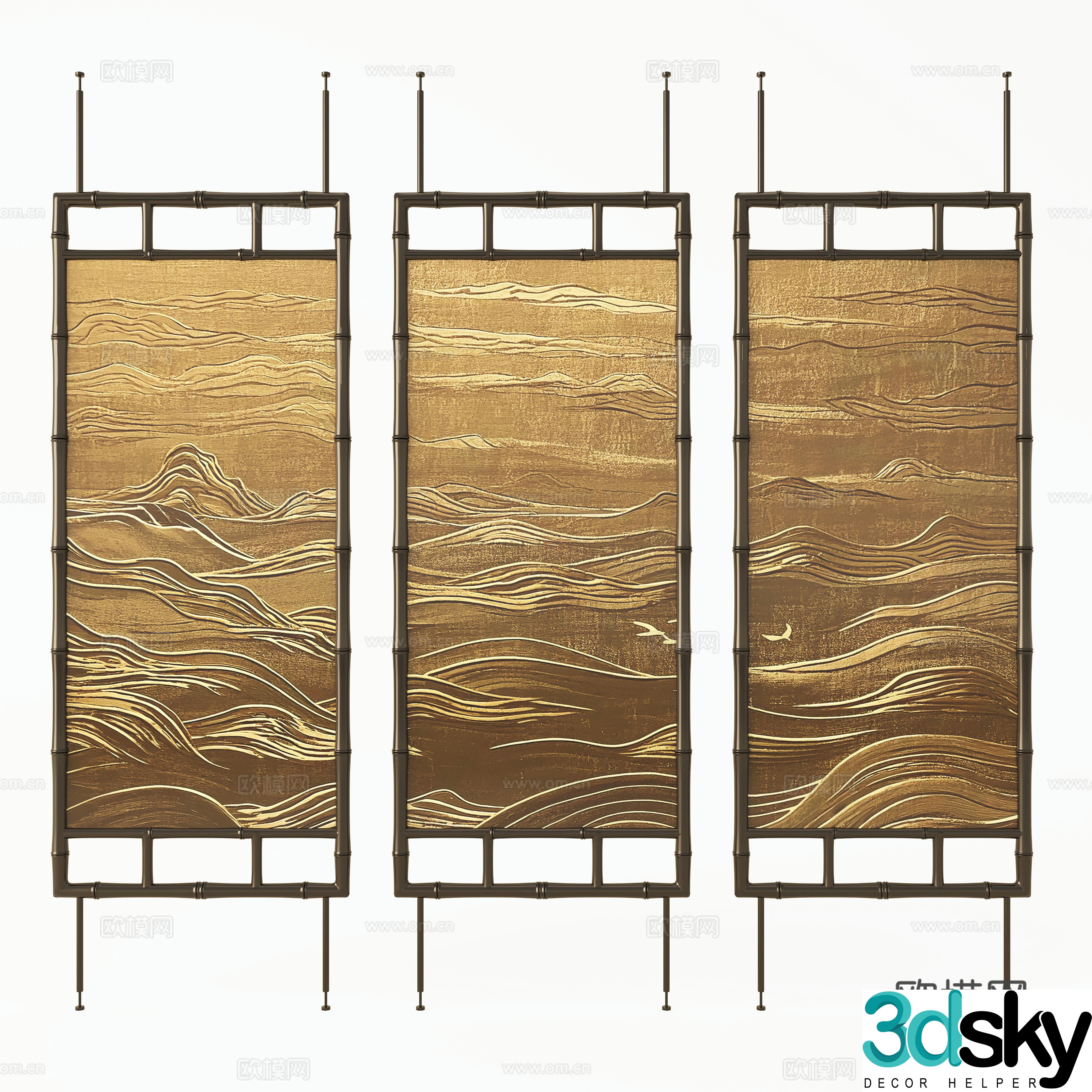 New Chinese-style screen partition Bamboo screen Metal screen 3d model