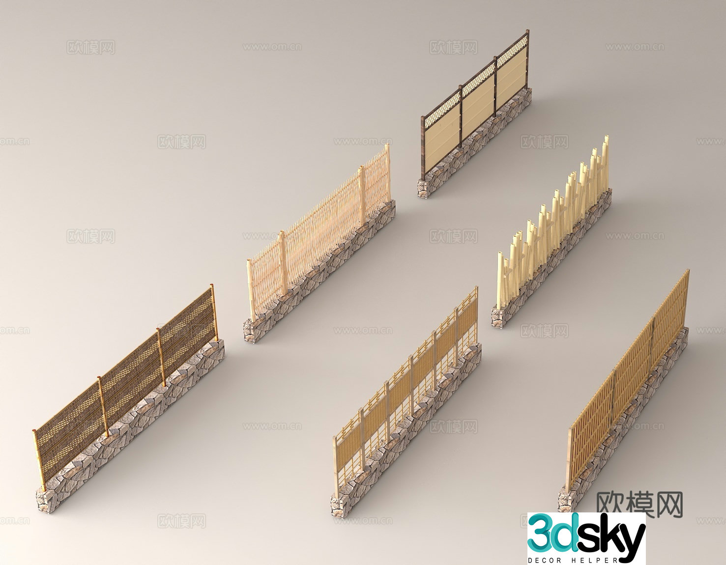 Japanese bamboo fence courtyard fence landscape sketch stone-based bamboo fence outdoor decoration bamboo fence 3d model