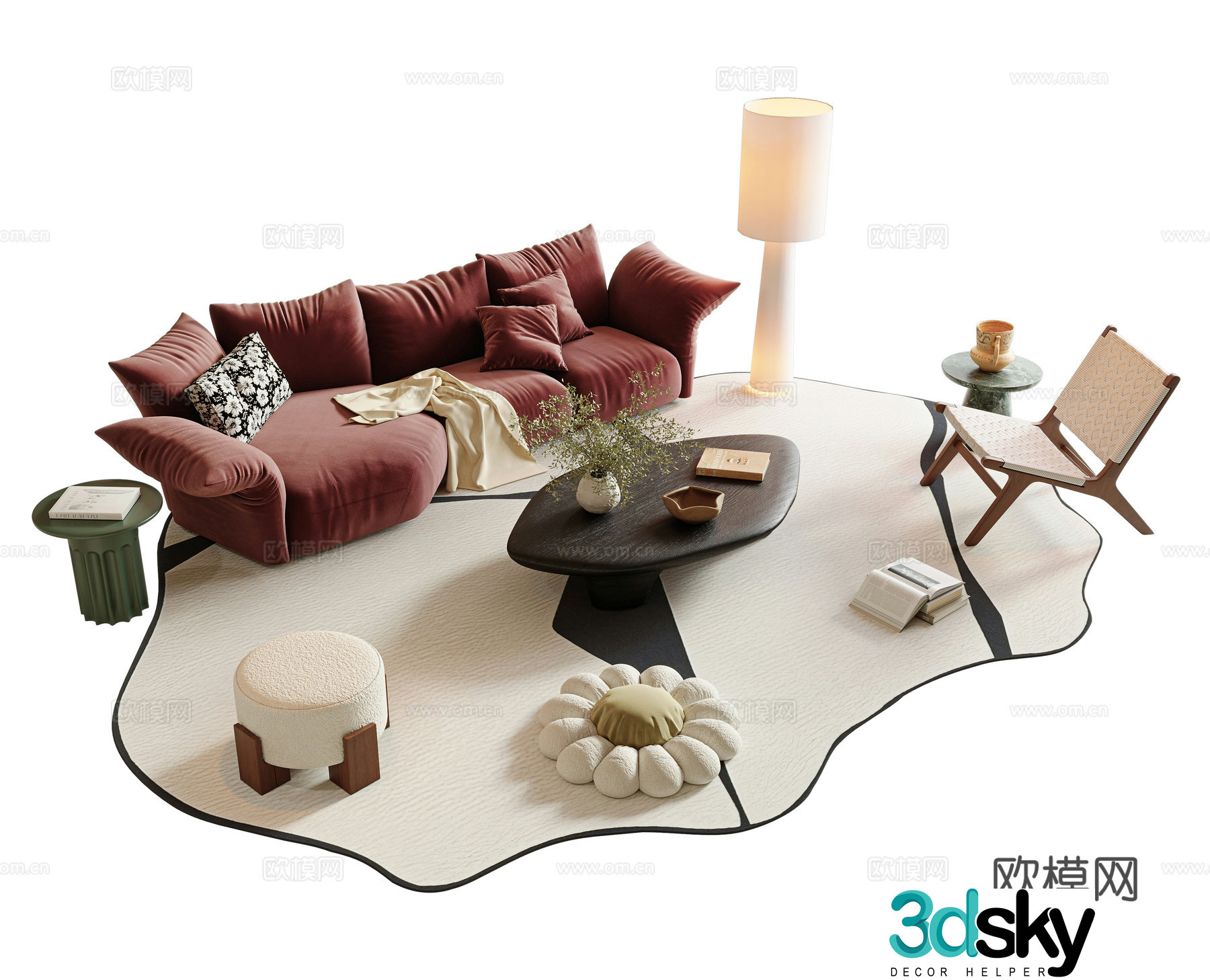 Medium style sofa tea table combination multi-person sofa petal sofa solid wood coffee table single casual chair 3D model