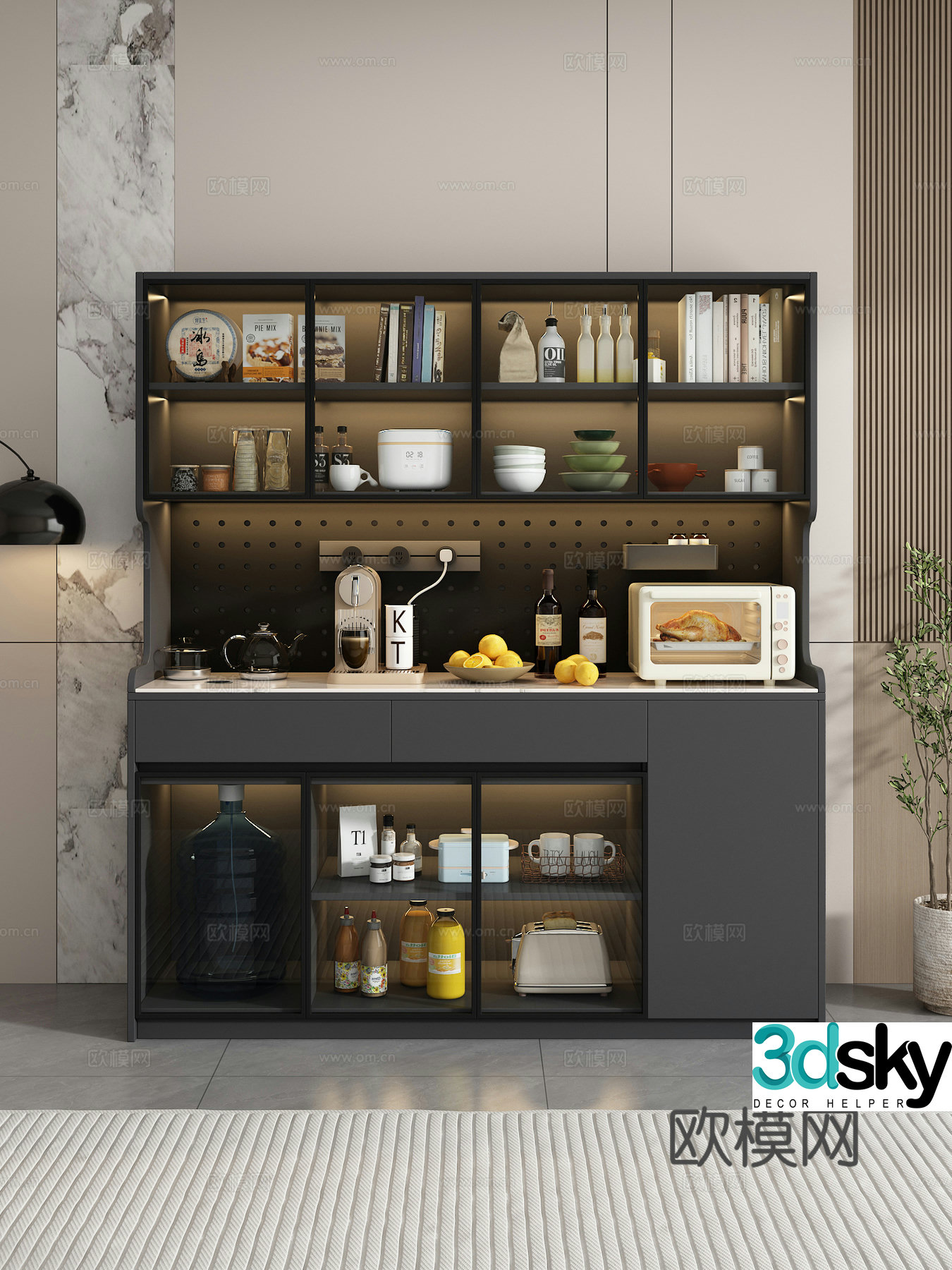 Sideboard Wine Cabinet Coffee Machine Ornaments Ornaments Potted Plants Kitchen Supplies Microwave Bucket 3D Model