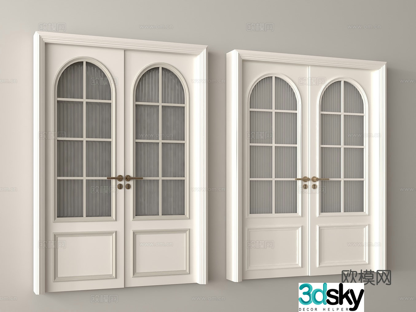 White double-opening door glass door design arched window door copper handle space partition door 3d model