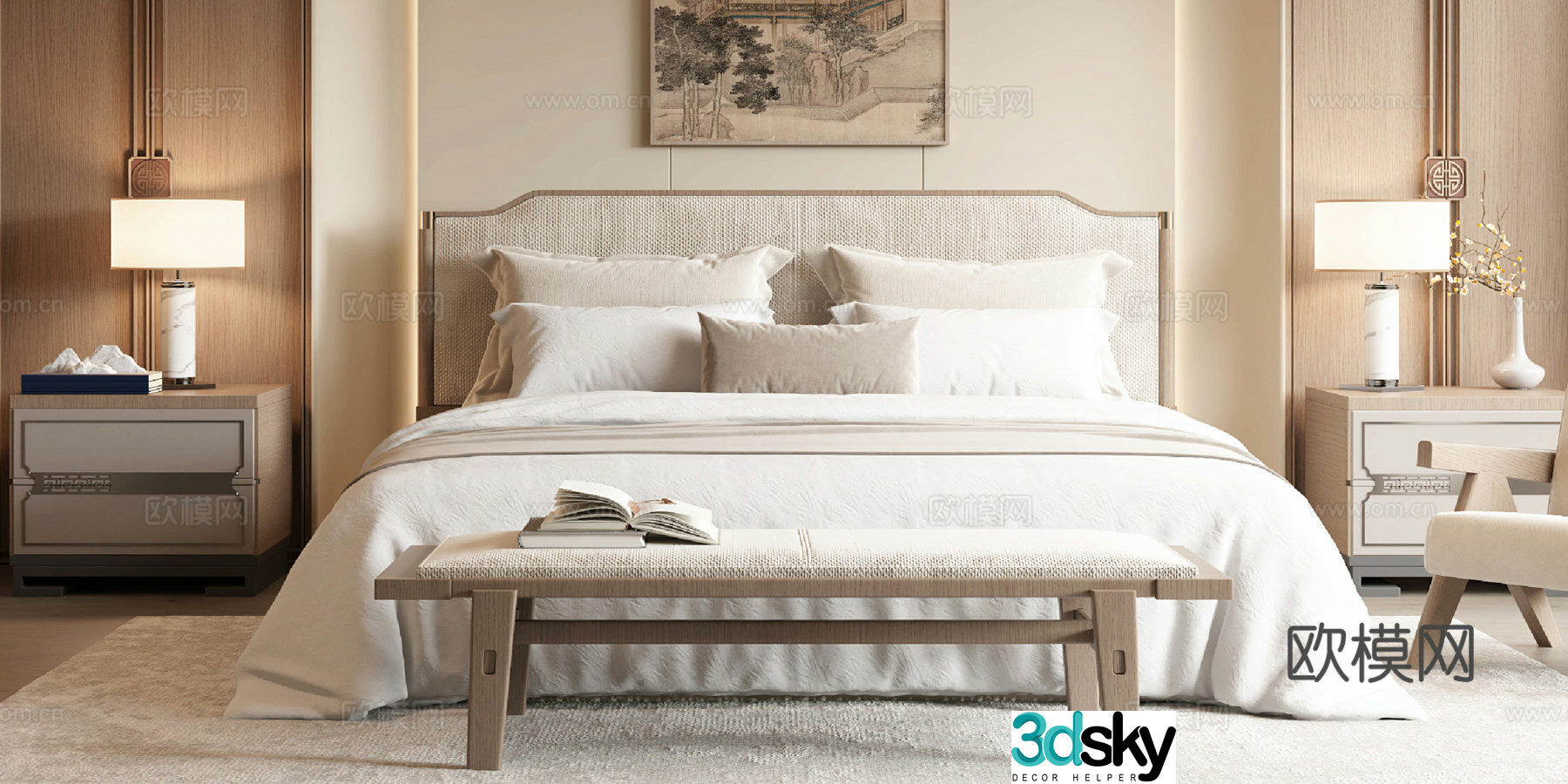New Chinese style double bed 3D model