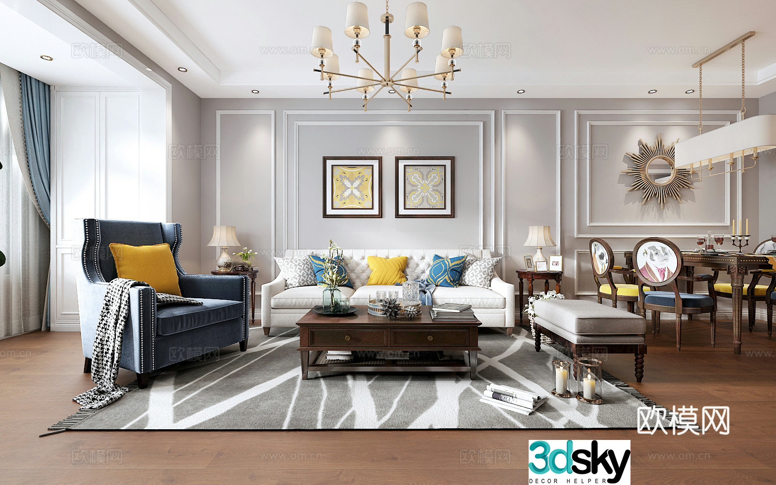 American living and dining room 3d model