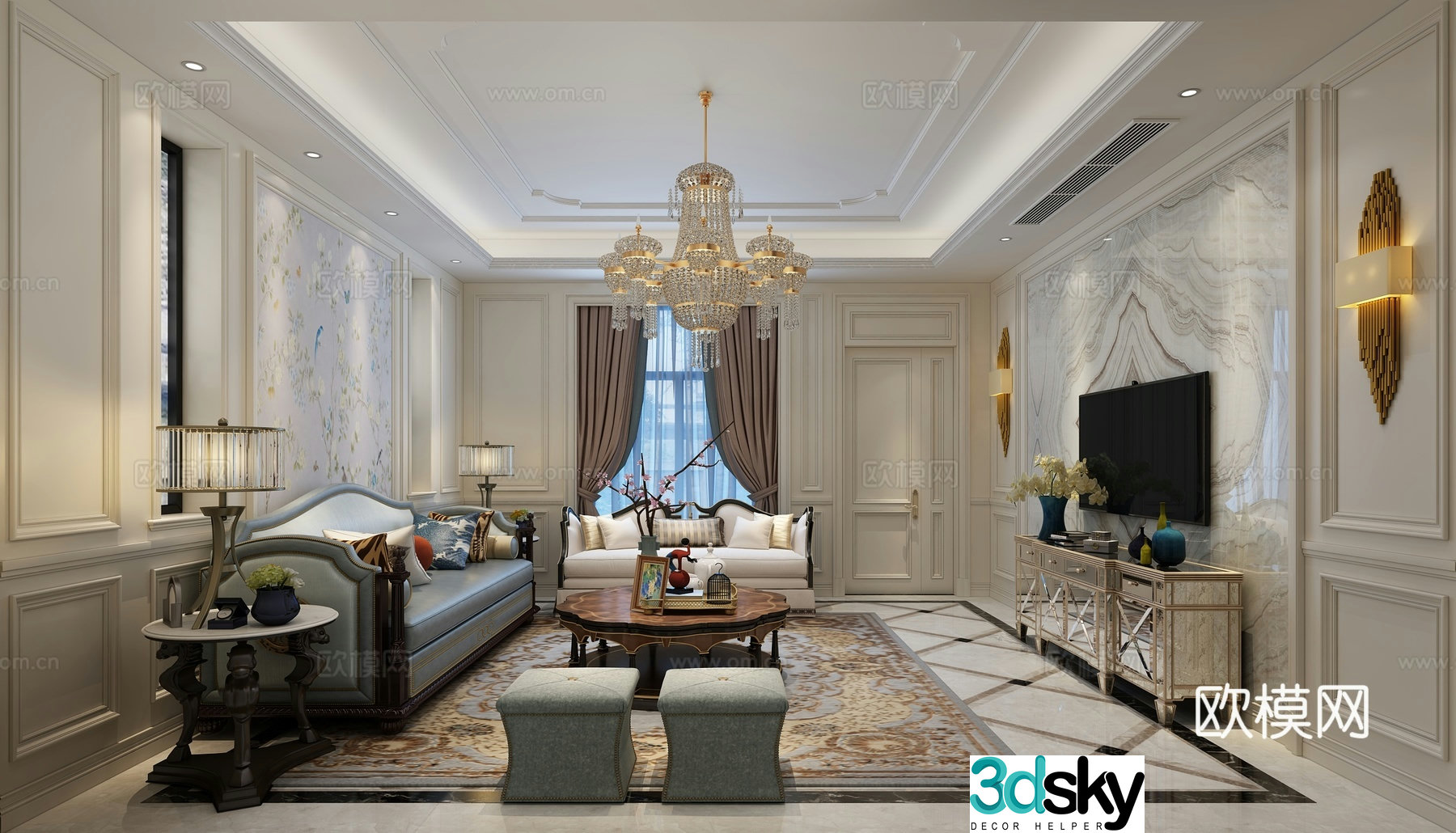 European classical living room chandeliers wall light 3d model