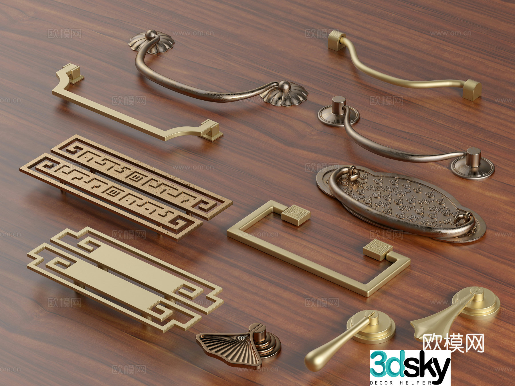 New Chinese style handle classical cabinet door handle drawer handle fan blade handle yellow bronze handle 3D model