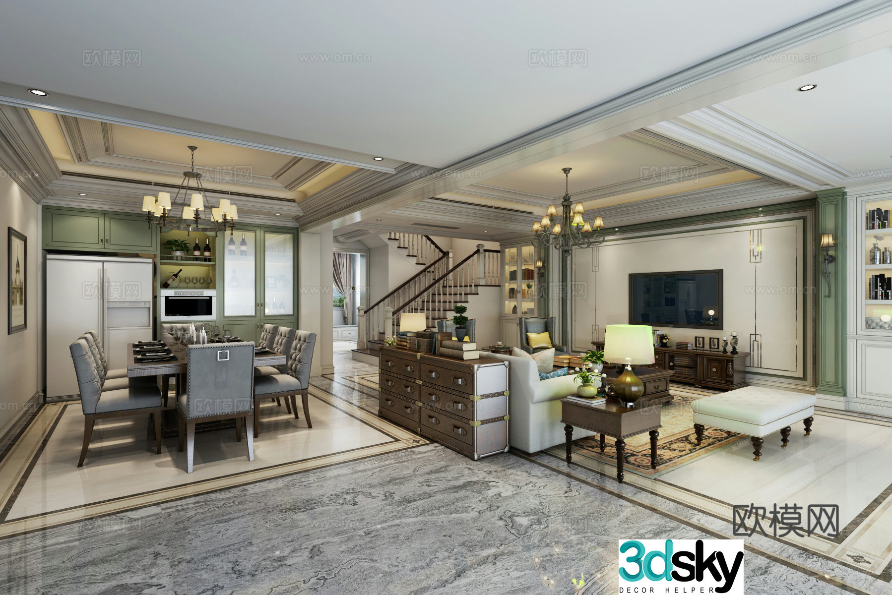 Simple European living and dining room sofa coffee table TV cabinet chandelier dining table chair 3d model
