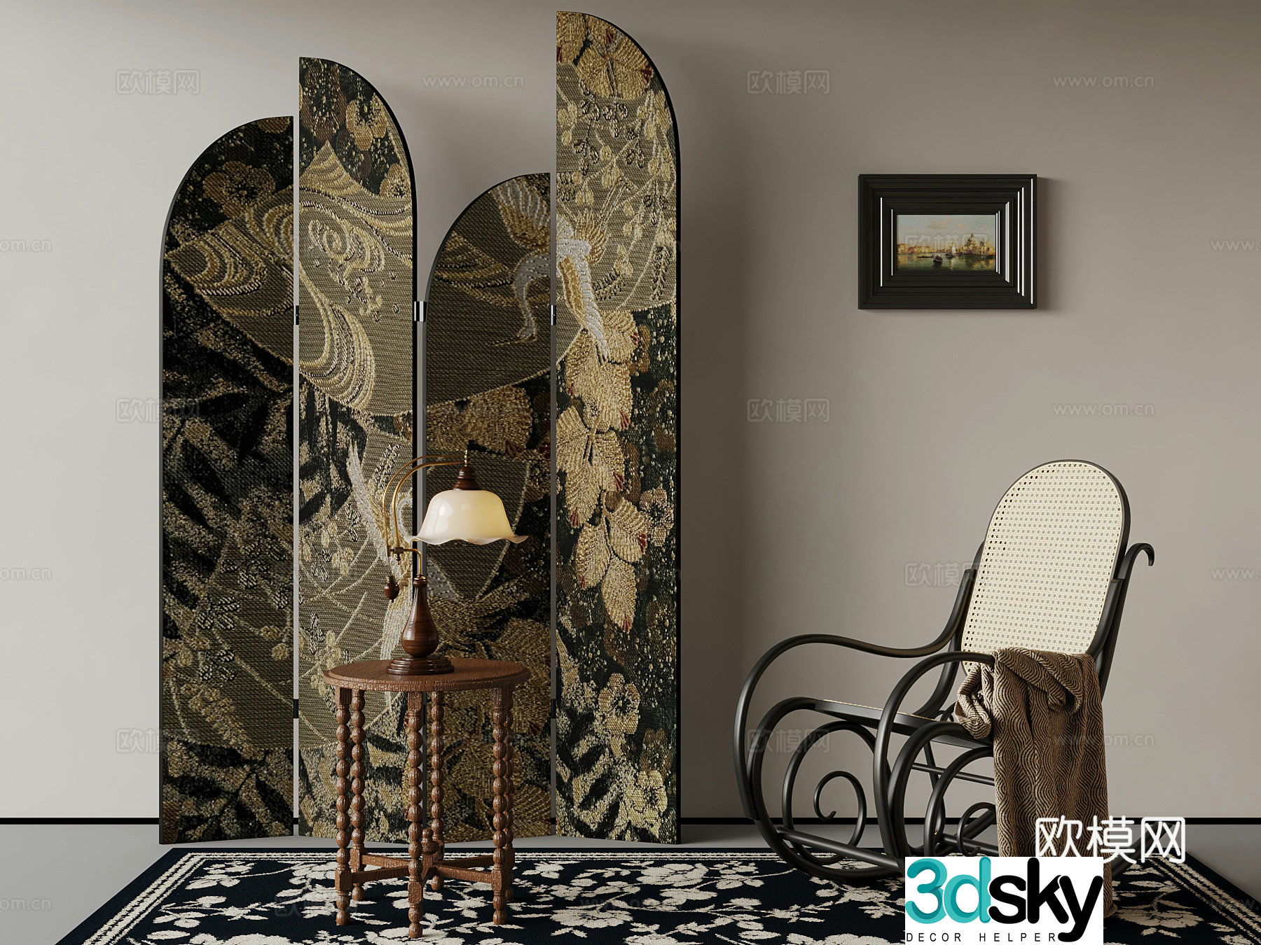 15 French lounge chair screen side table lamp 3d model