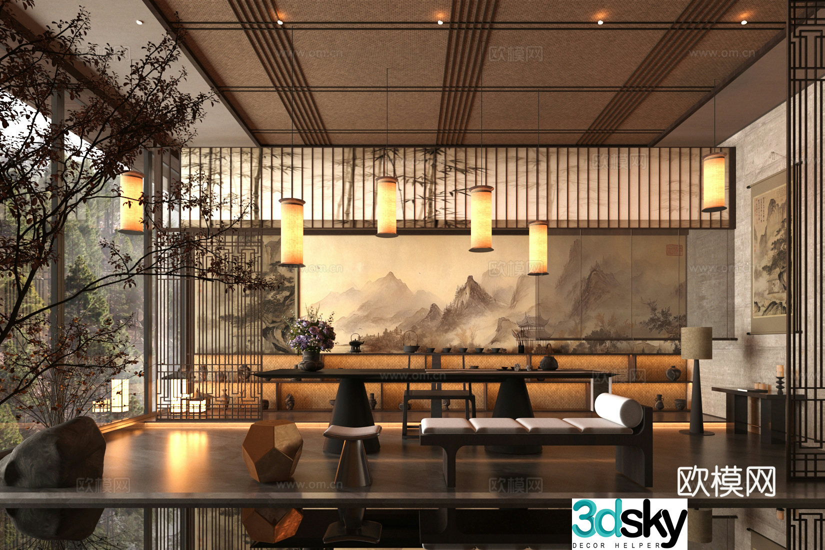 New Chinese-style teahouse tea restaurant villa tea room tea house bed and breakfast tea table chair tea room cabinet 3d model