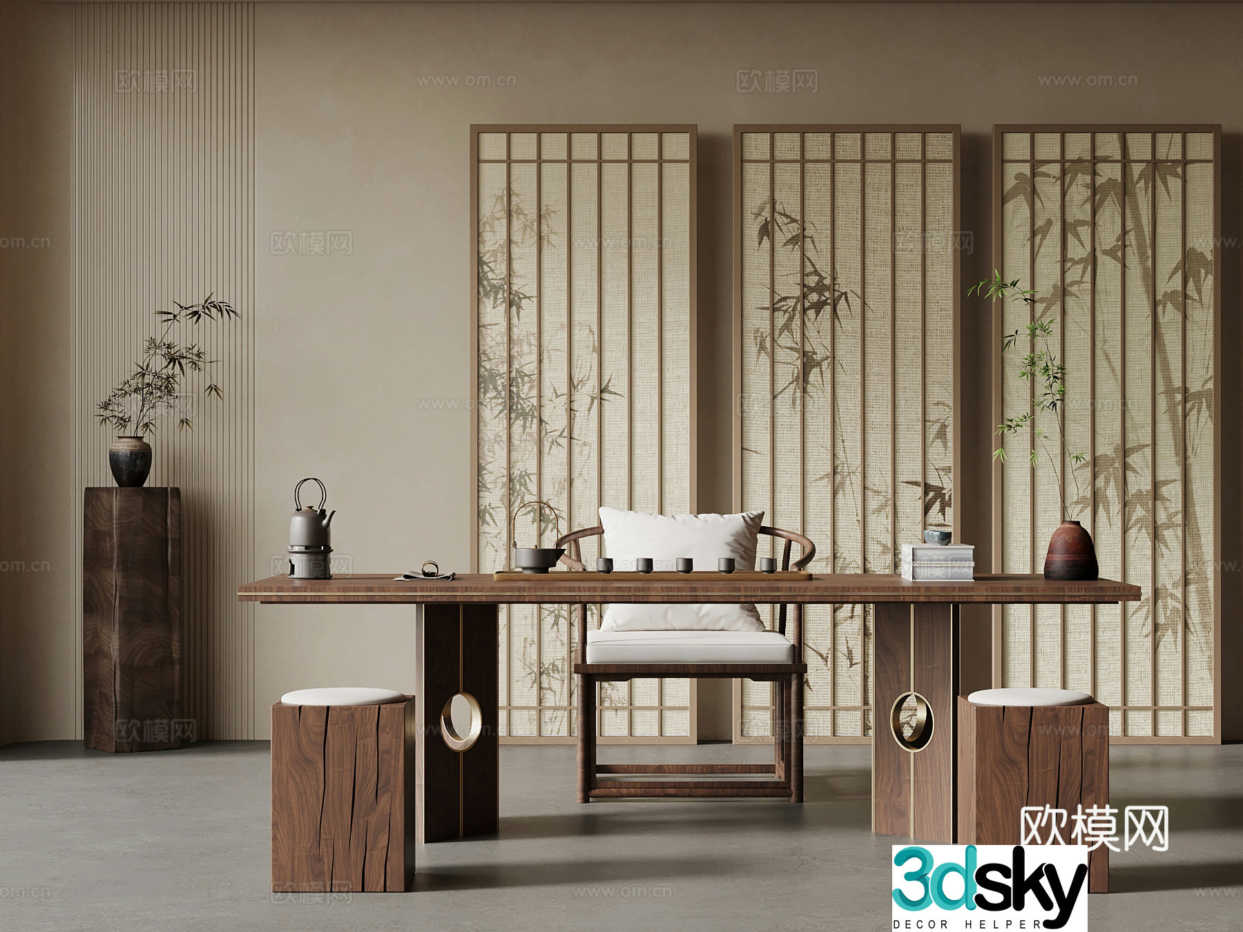 02 New Chinese Tea Room Tea Table and Chair Screen Partition 3D Model